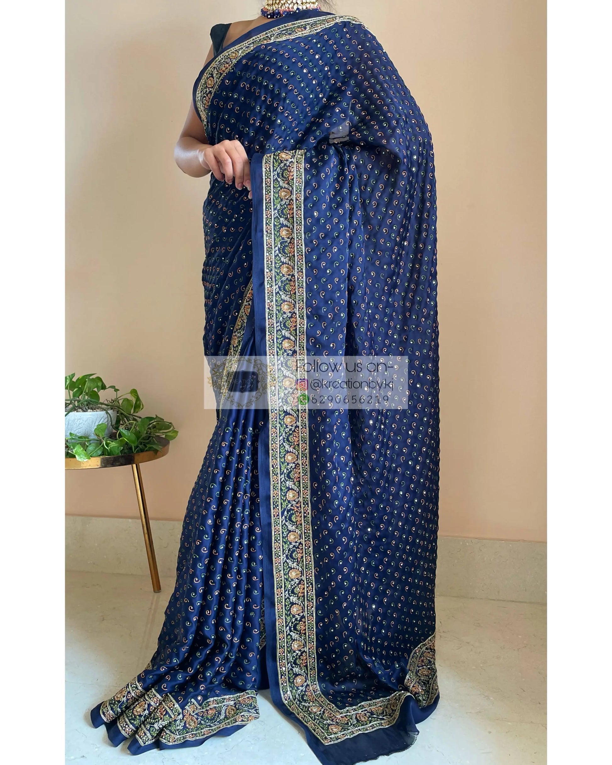 Navy Blue Bridal Handembroidered Saree - kreationbykj