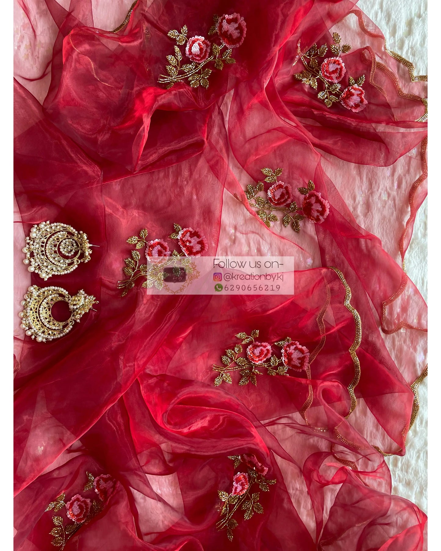 Red Glass Tissue Rose Dupatta - kreationbykj