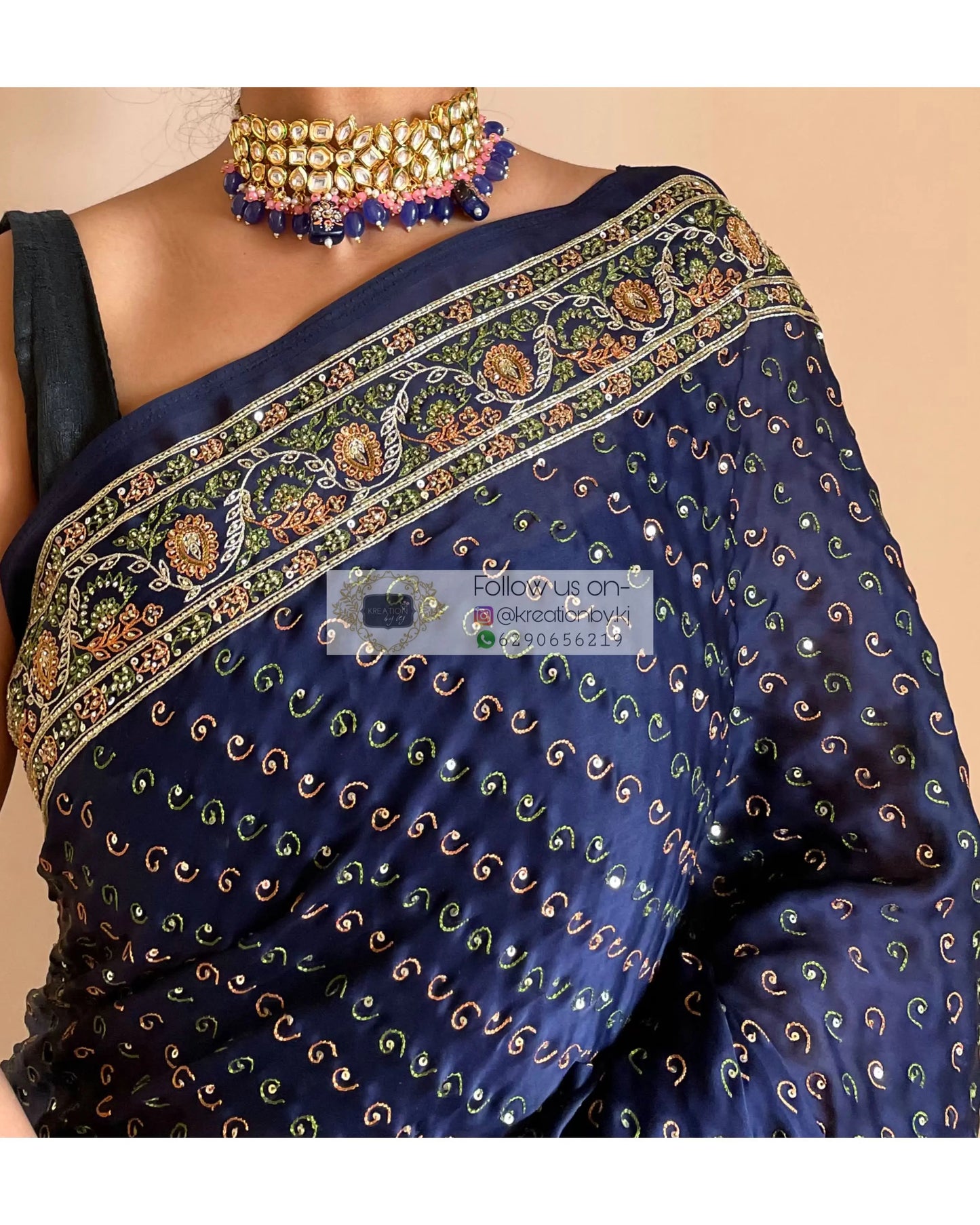 Navy Blue Bridal Handembroidered Saree - kreationbykj
