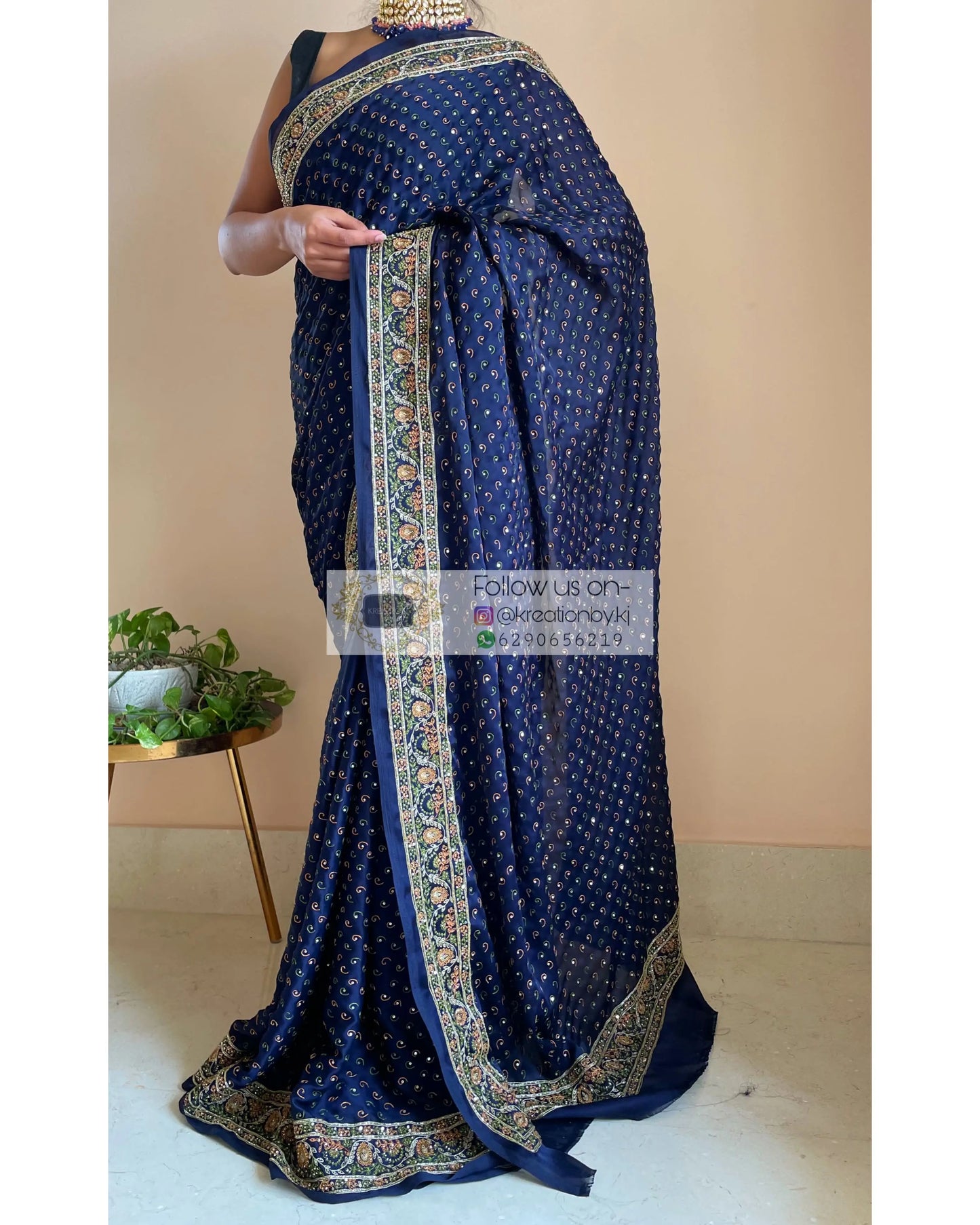 Navy Blue Bridal Handembroidered Saree - kreationbykj