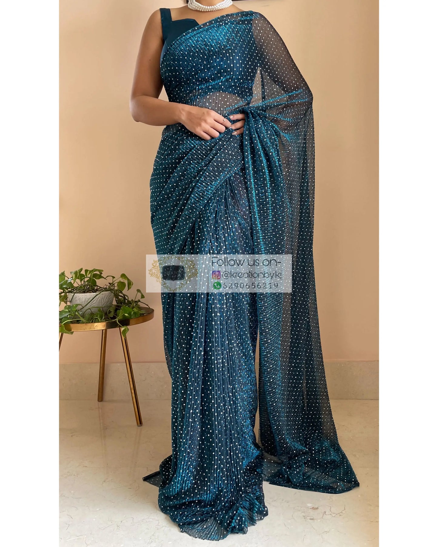 Blue Pleated Shimmer Net Saree - kreationbykj