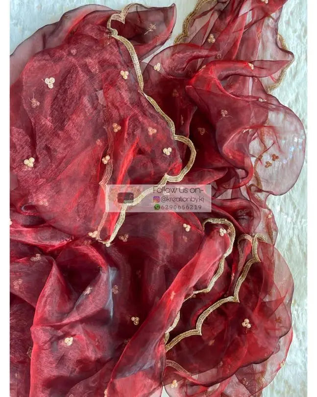 Maroon Glass Tissue Dupatta With Scallops - kreationbykj