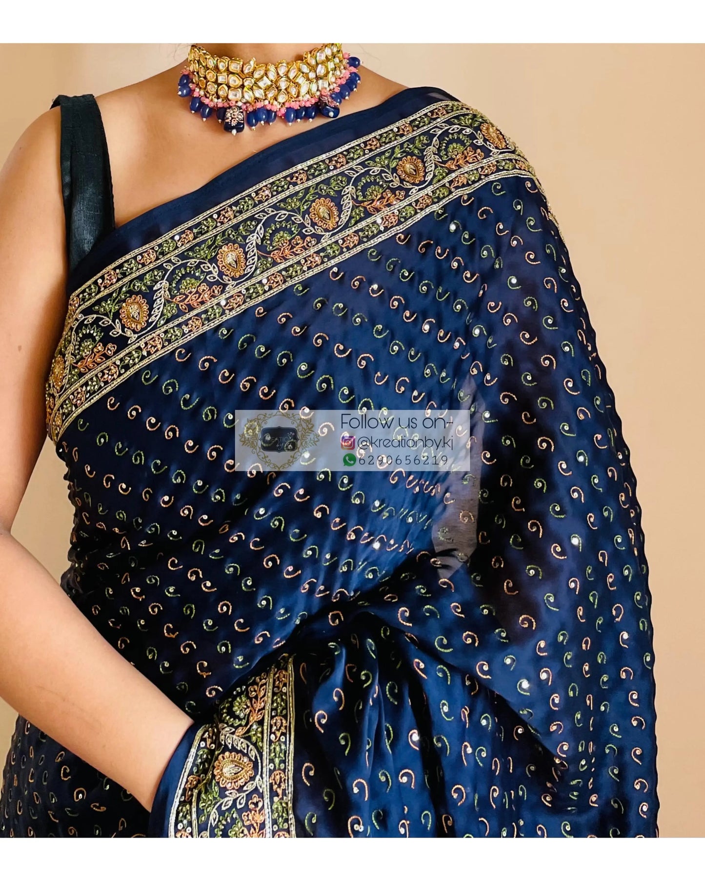 Navy Blue Bridal Handembroidered Saree - kreationbykj