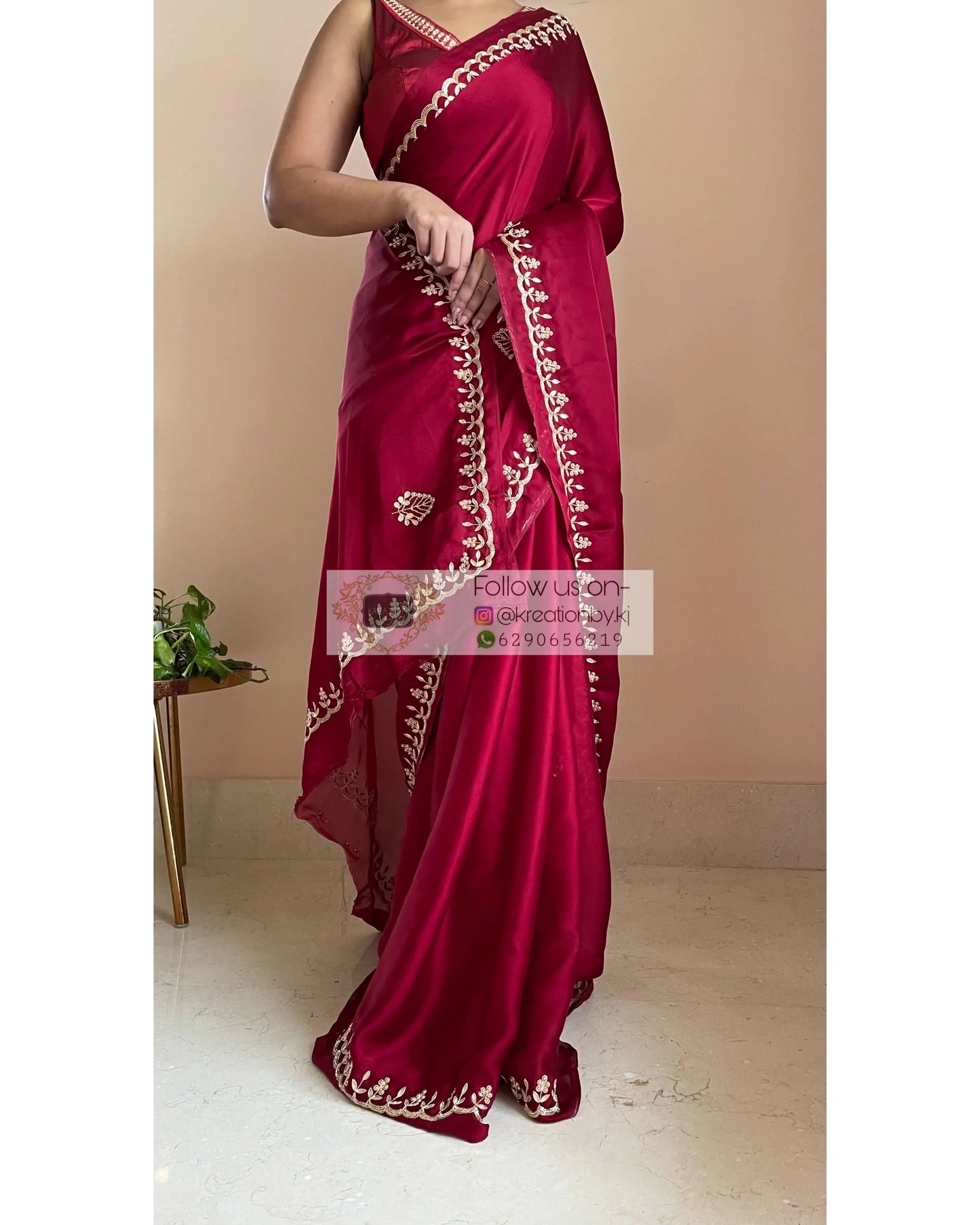 Maroon Crepe Silk Saree With Gota Patti Border - kreationbykj