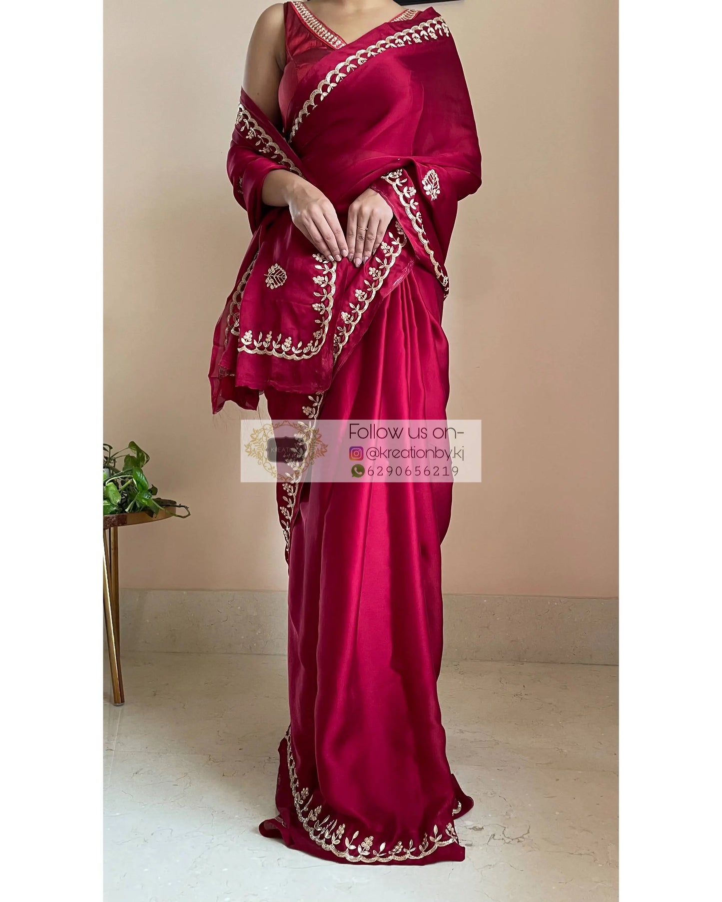 Maroon Crepe Silk Saree With Gota Patti Border - kreationbykj