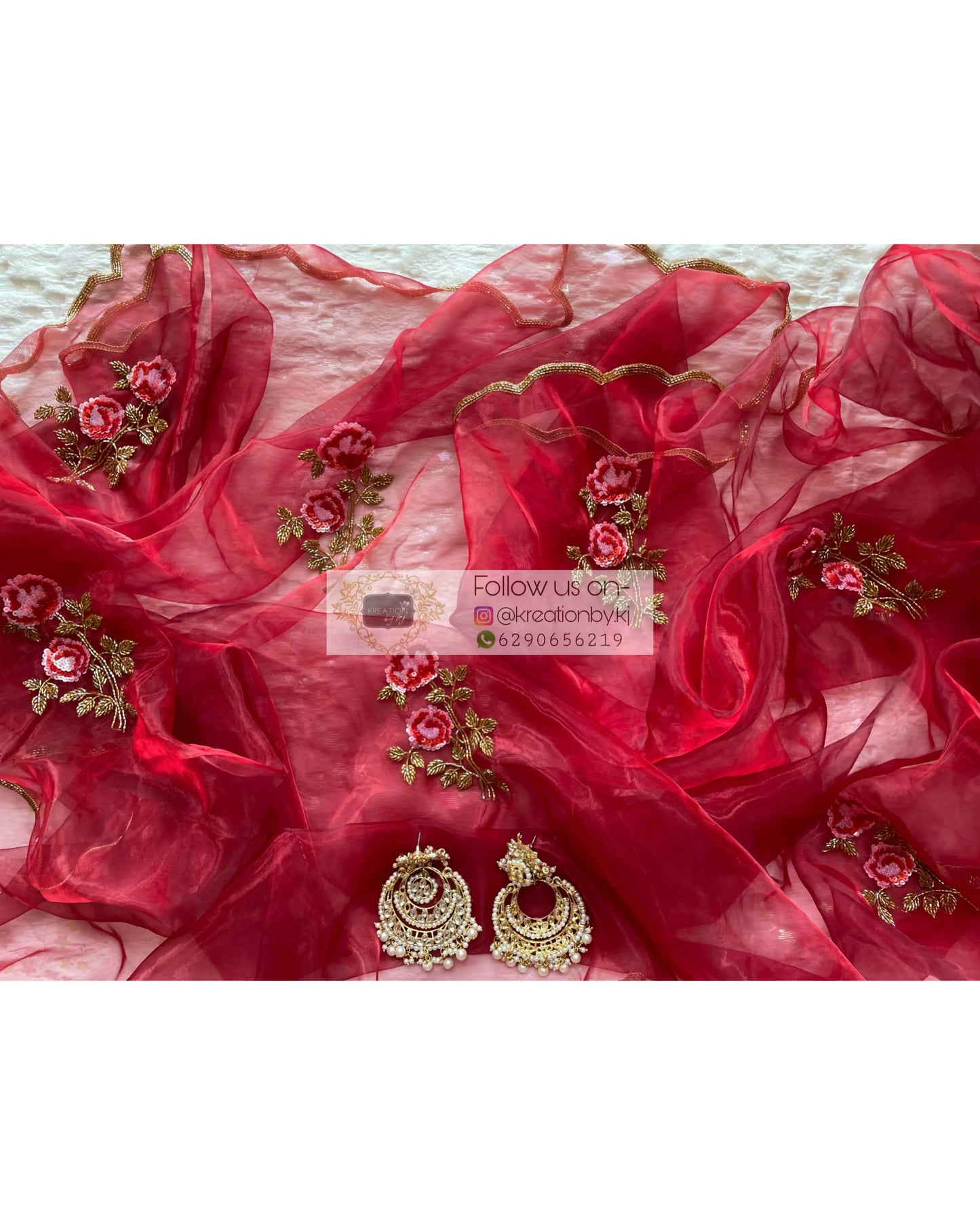Red Glass Tissue Rose Dupatta - kreationbykj