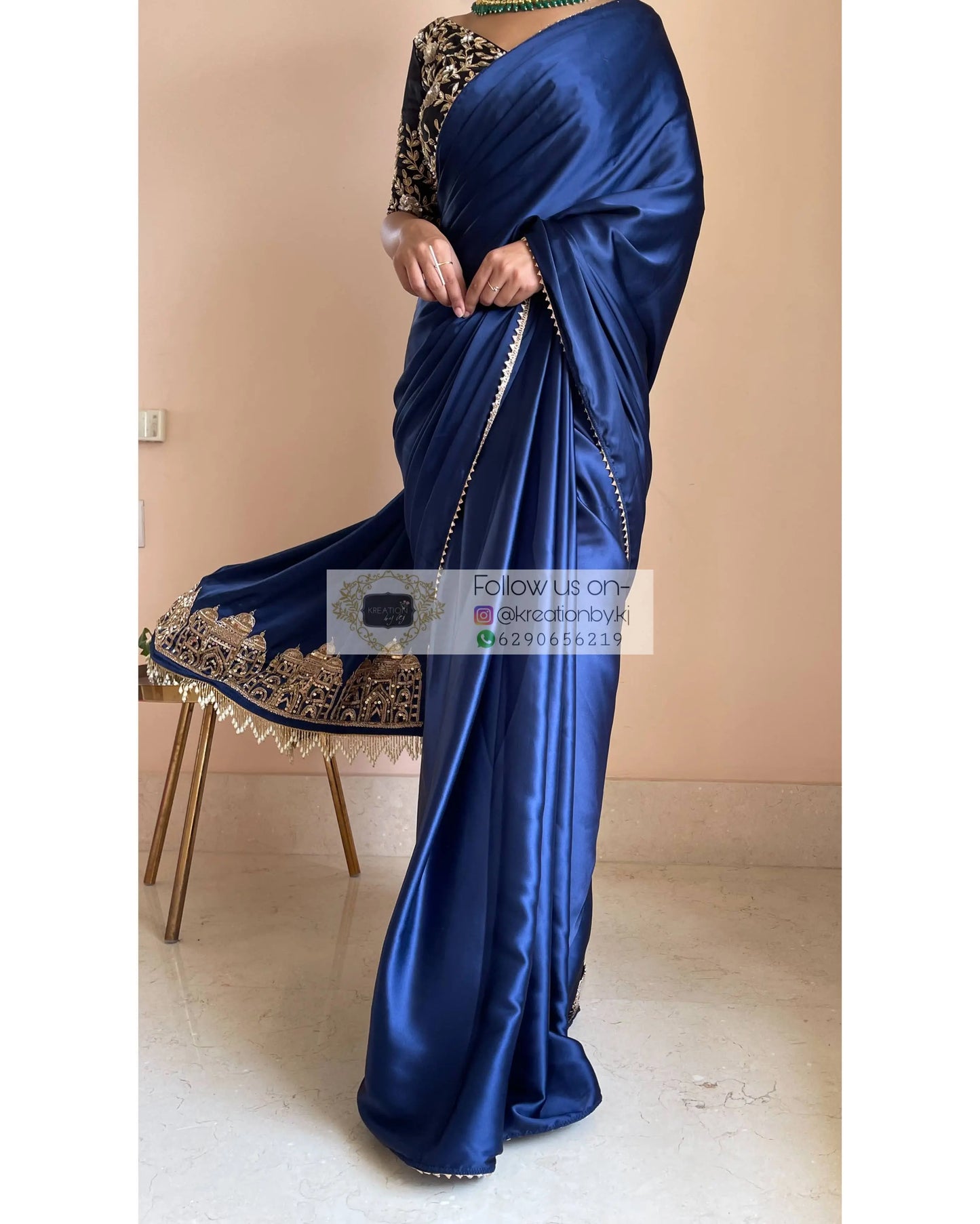 Navy Blue Satin Silk Taj Mahal Saree - kreationbykj