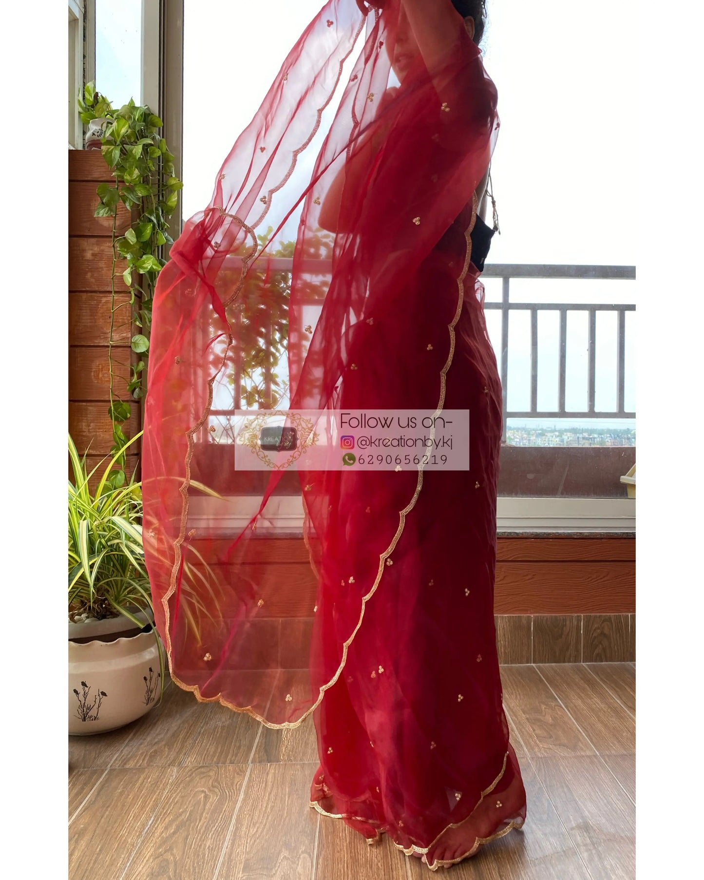Red Glass Tissue Saree with Handembroidered Scalloping - kreationbykj