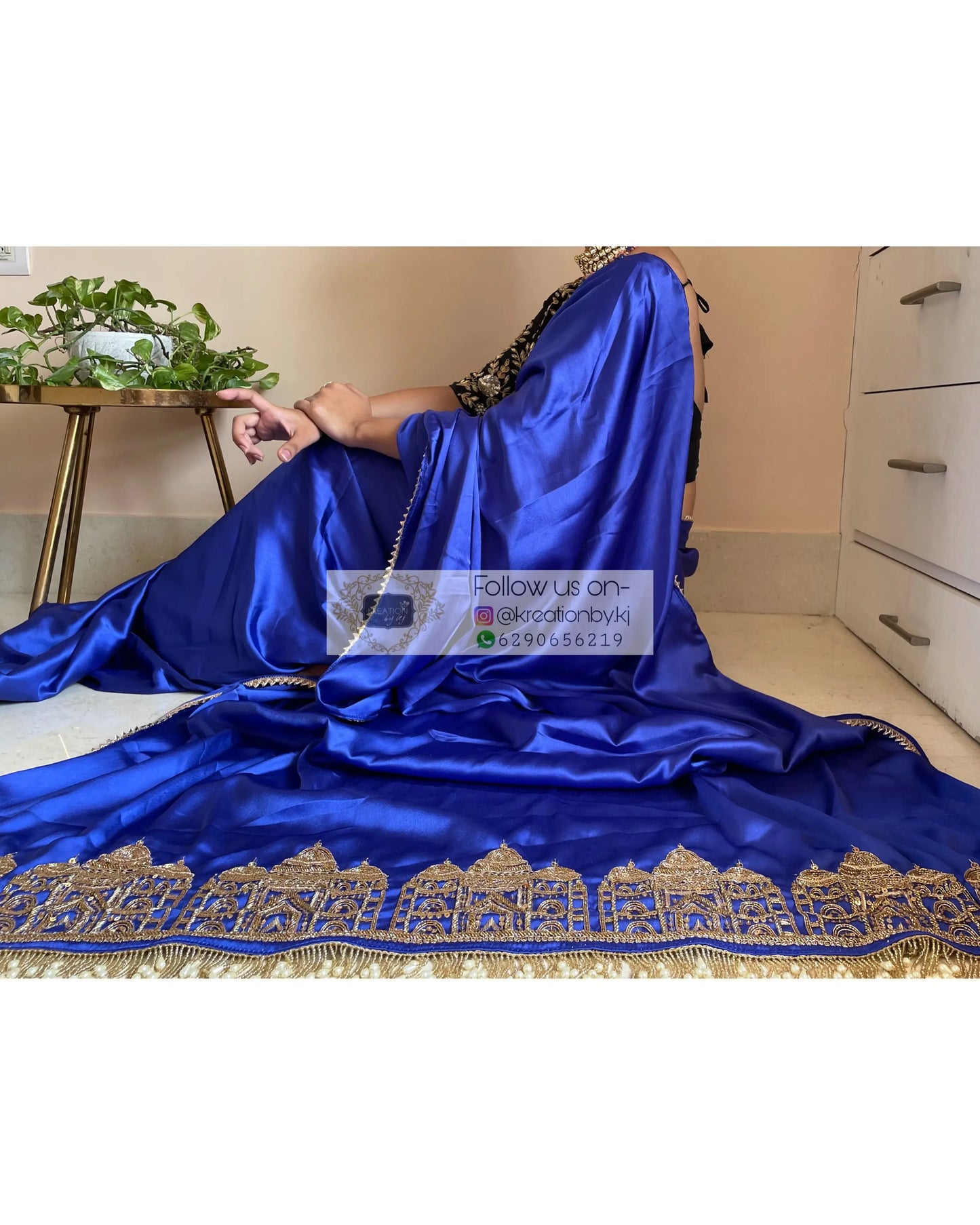 Royal Blue Satin Silk Taj Mahal Saree - kreationbykj