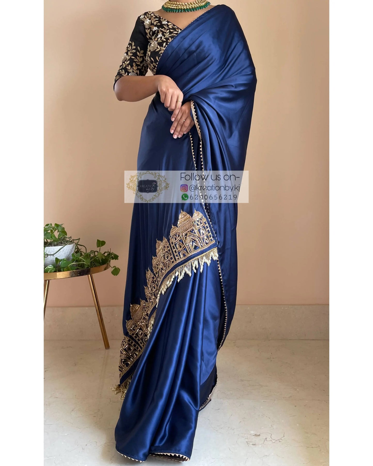 Navy Blue Satin Silk Taj Mahal Saree - kreationbykj