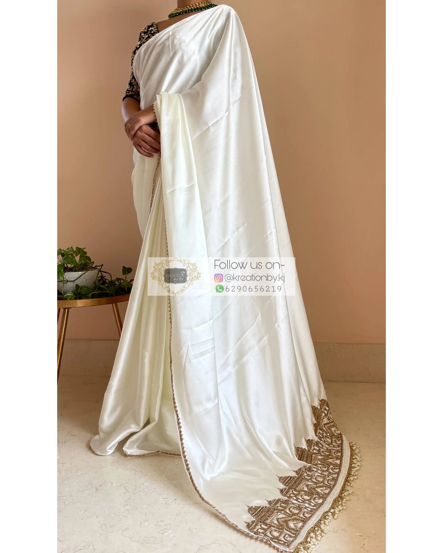 Cream Satin Silk Taj Mahal Saree - kreationbykj