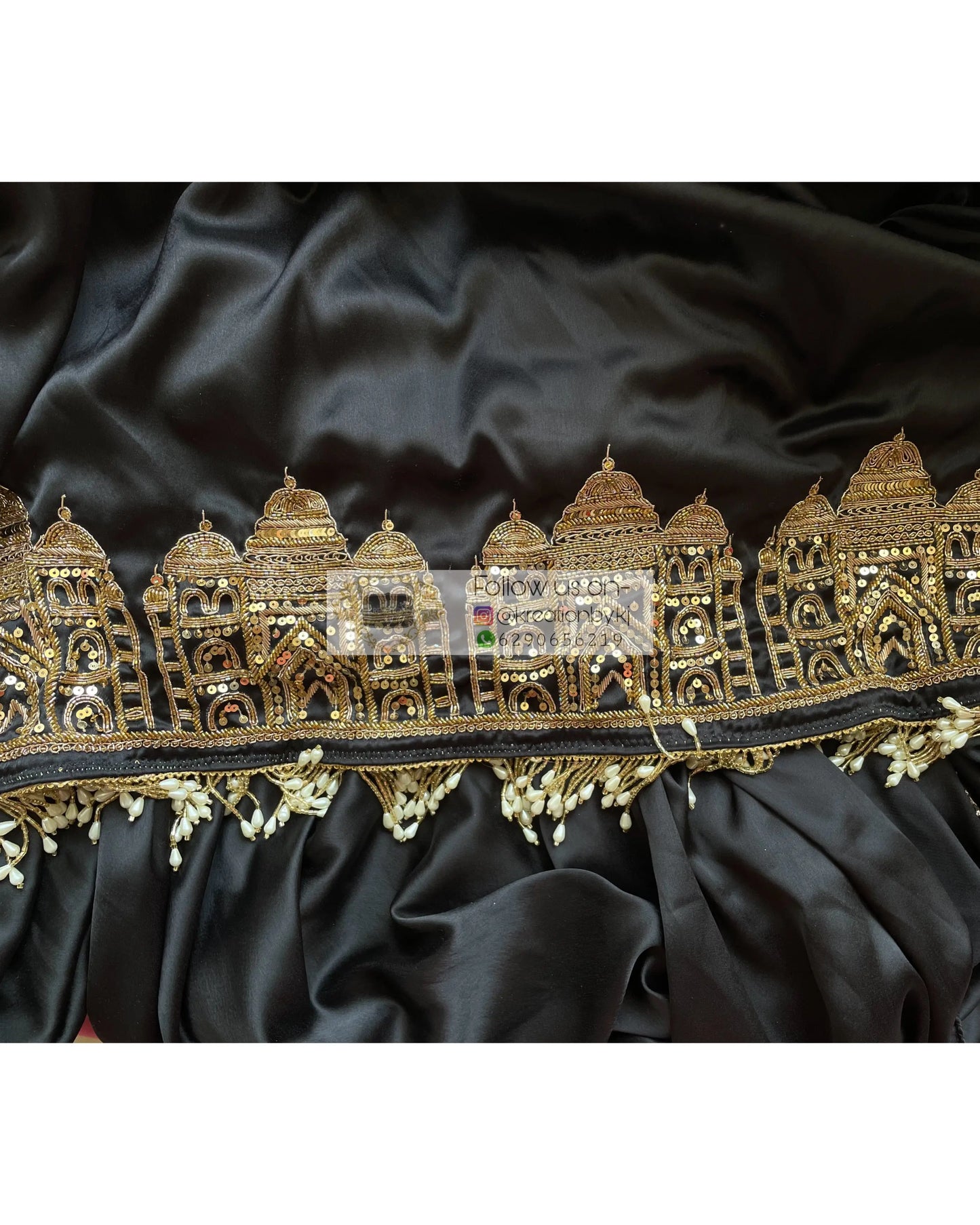 Black Satin Silk Taj Mahal Saree - kreationbykj