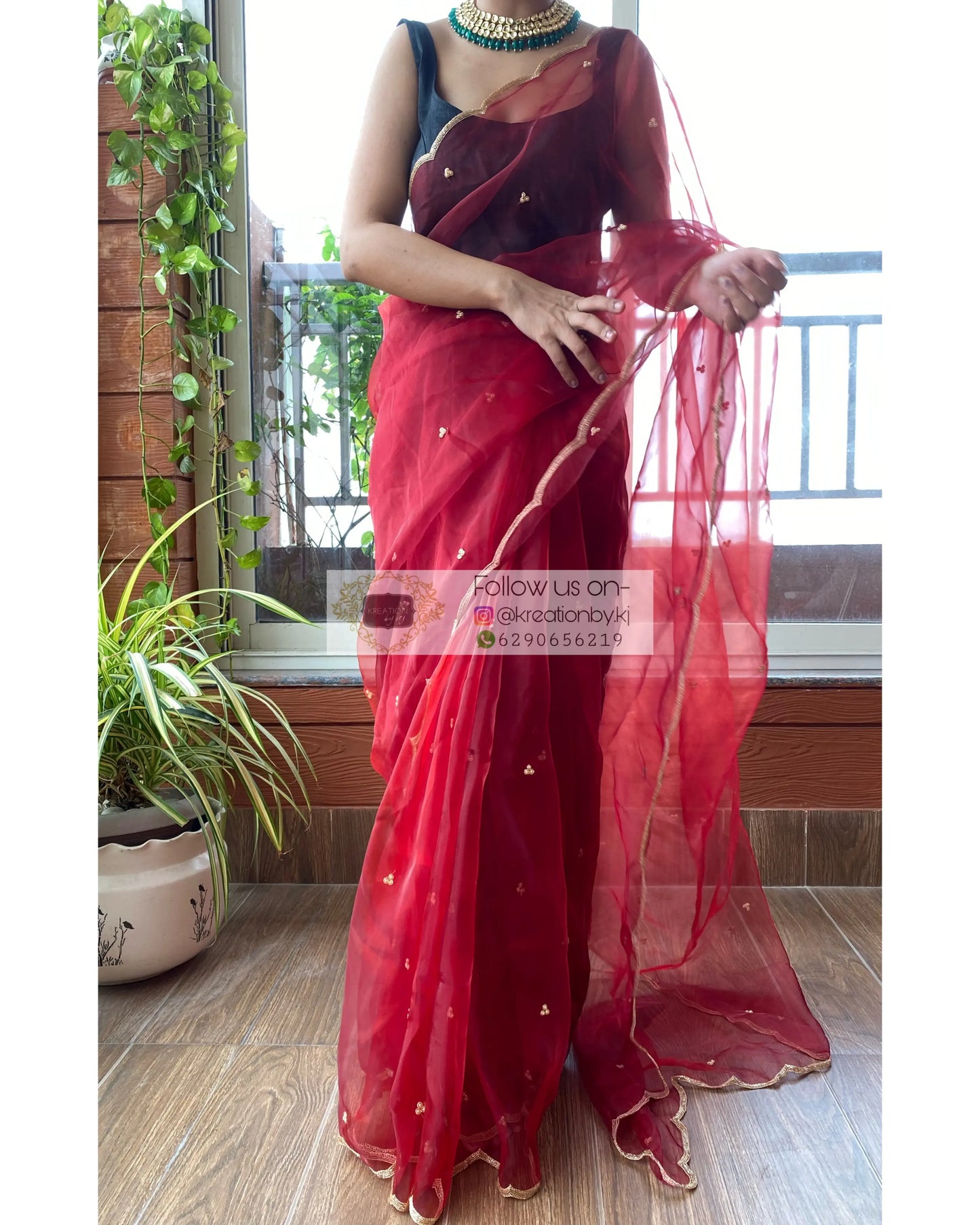 Red Glass Tissue Saree with Handembroidered Scalloping - kreationbykj