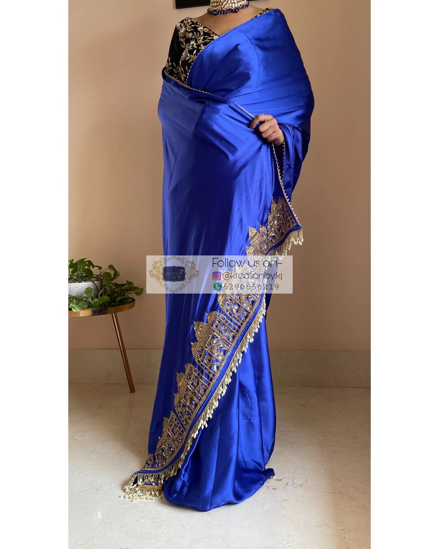 Royal Blue Satin Silk Taj Mahal Saree - kreationbykj