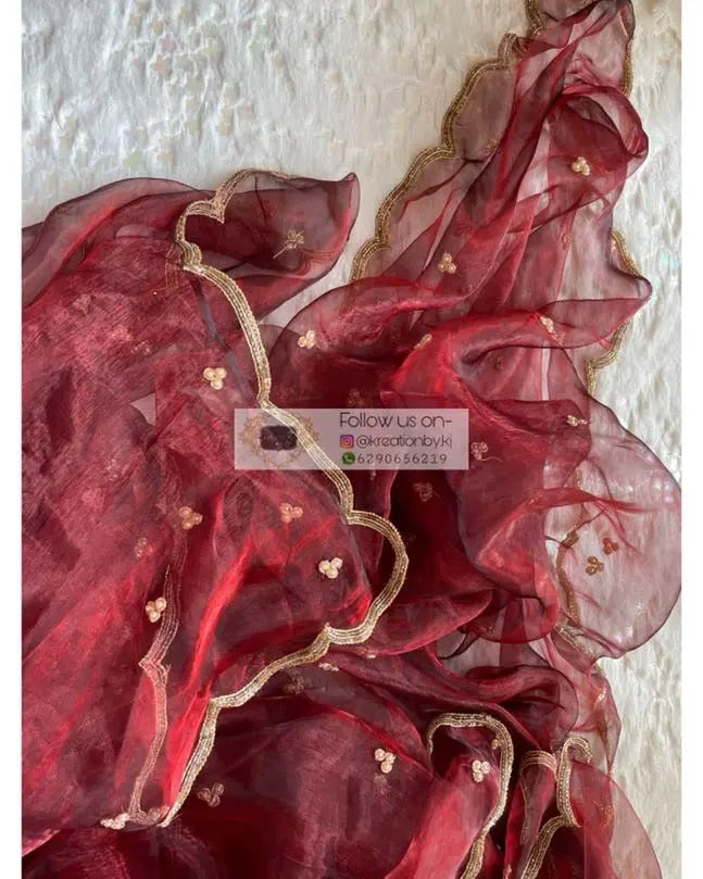 Maroon Glass Tissue Dupatta With Scallops - kreationbykj
