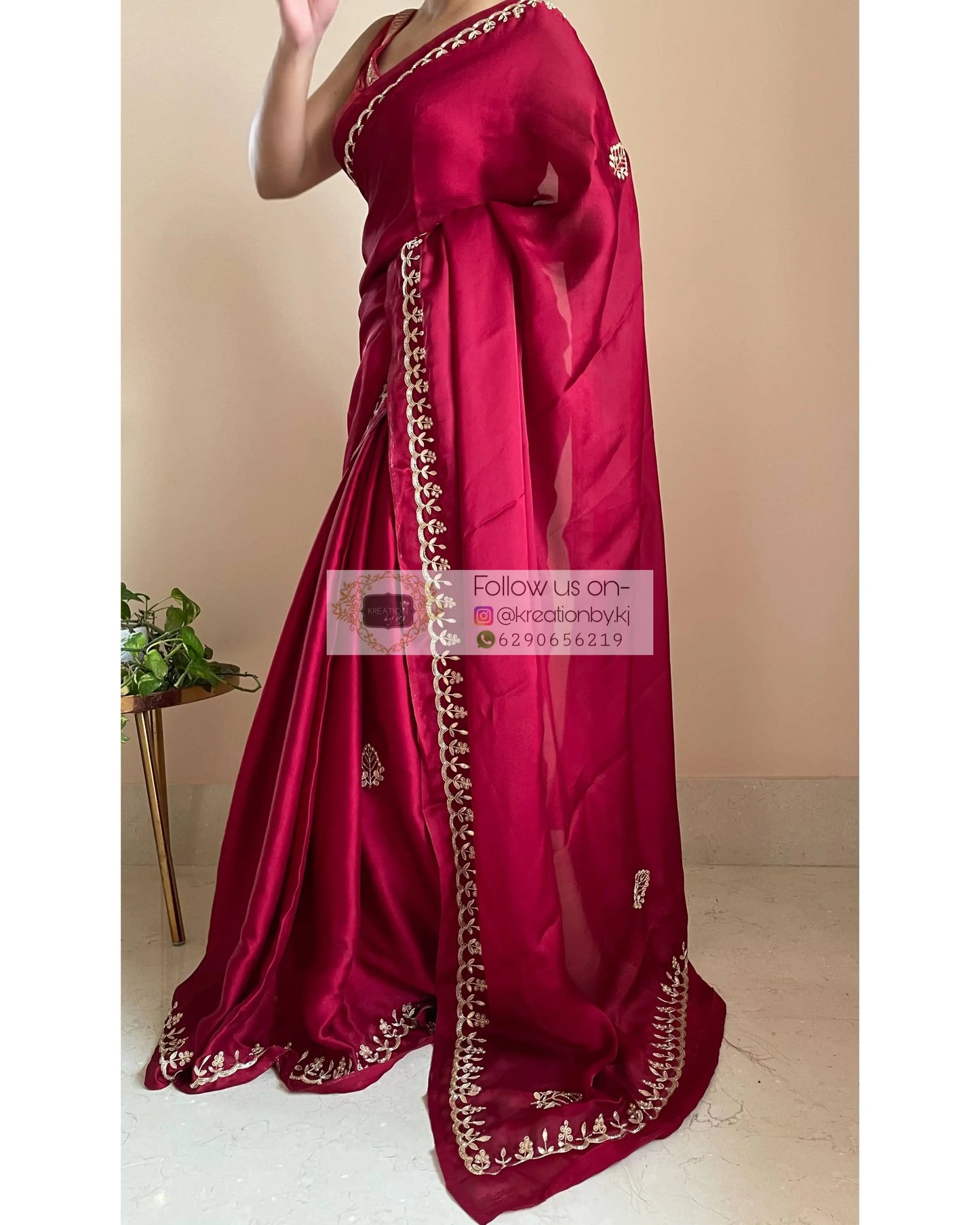 Maroon Crepe Silk Saree With Gota Patti Border - kreationbykj