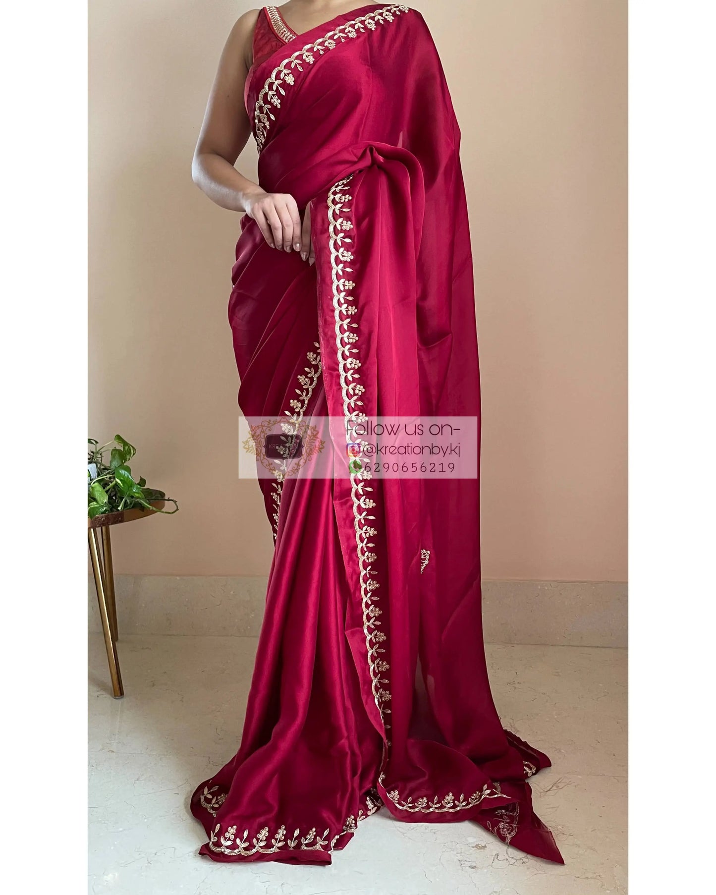 Maroon Crepe Silk Saree With Gota Patti Border - kreationbykj