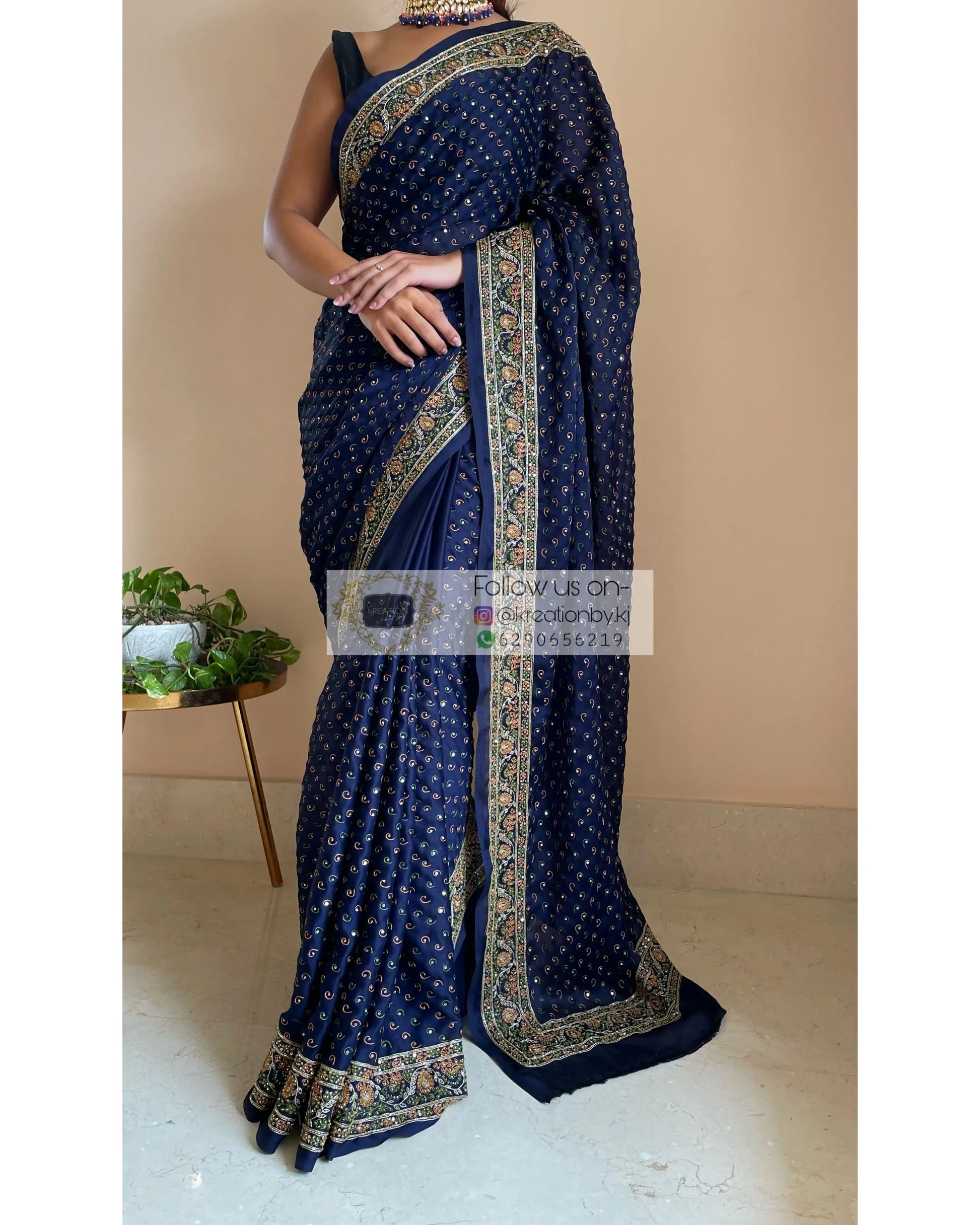 Navy Blue Bridal Handembroidered Saree - kreationbykj