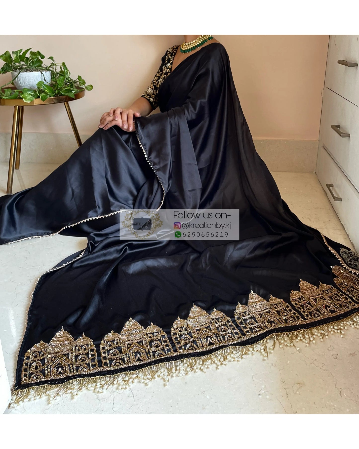 Black Satin Silk Taj Mahal Saree - kreationbykj