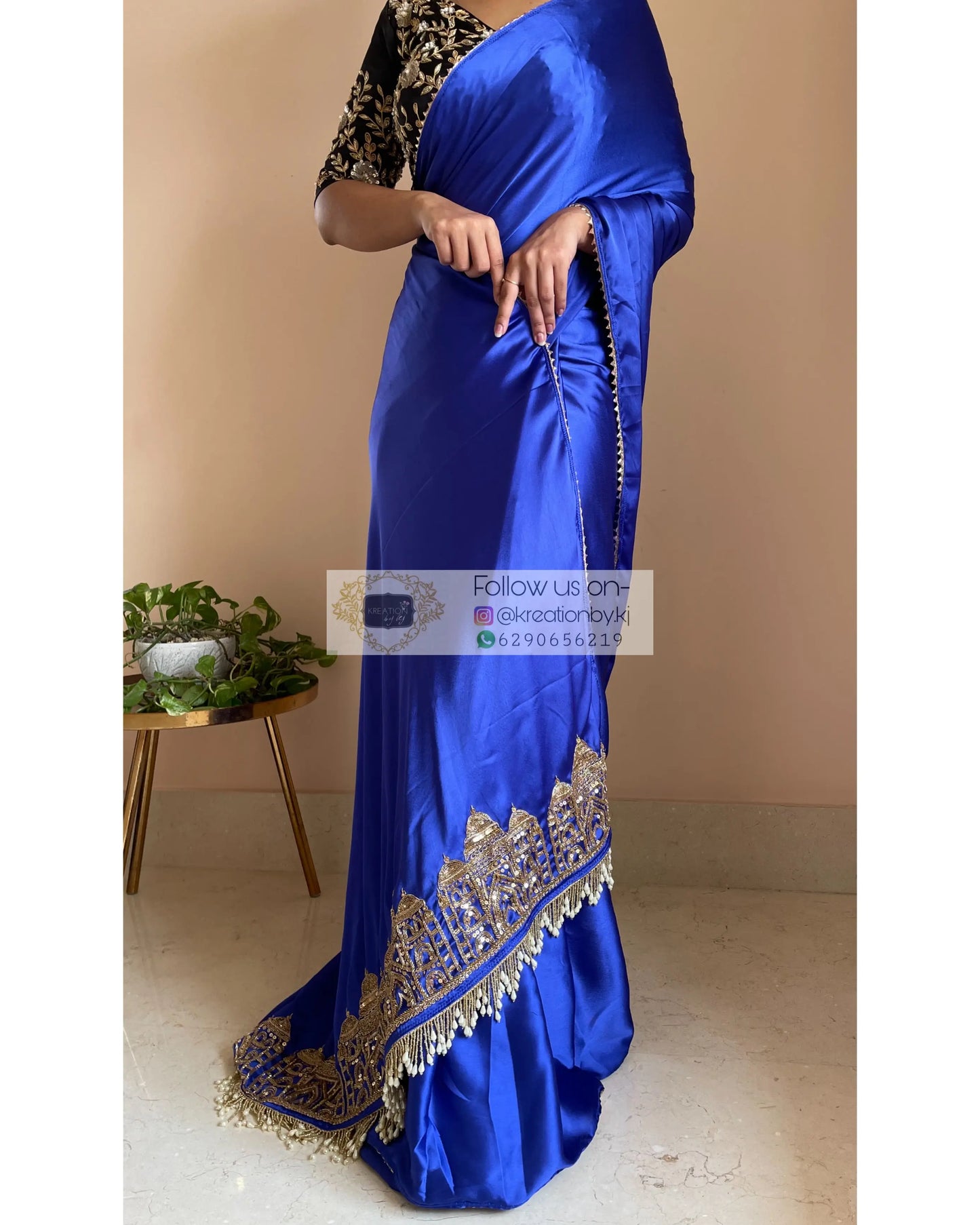 Royal Blue Satin Silk Taj Mahal Saree - kreationbykj