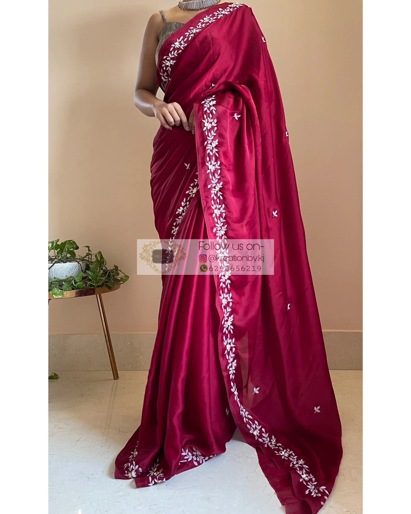 Maroon Crepe Silk Chandani Saree - kreationbykj