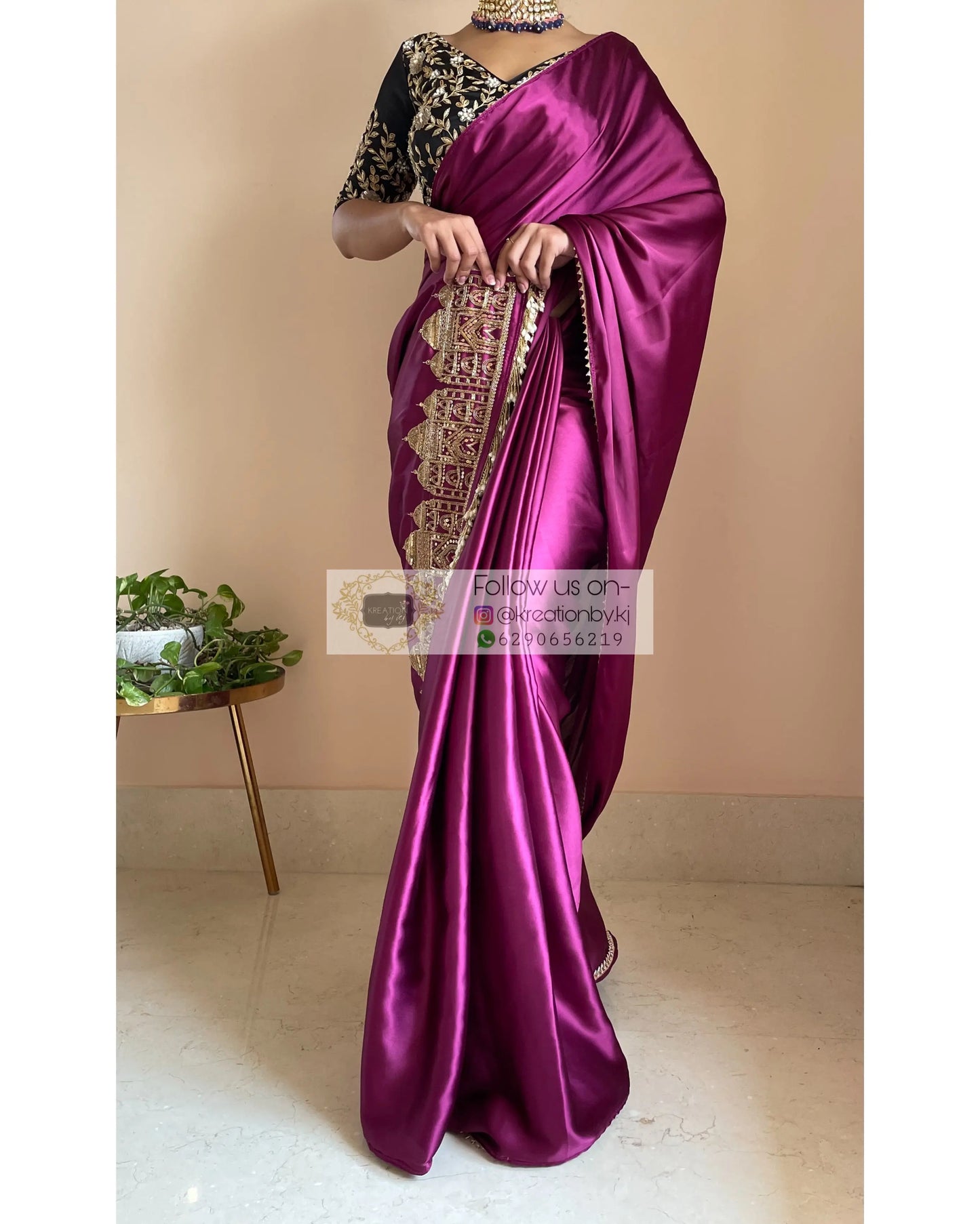 Dark Purple Satin Silk Taj Mahal Saree - kreationbykj