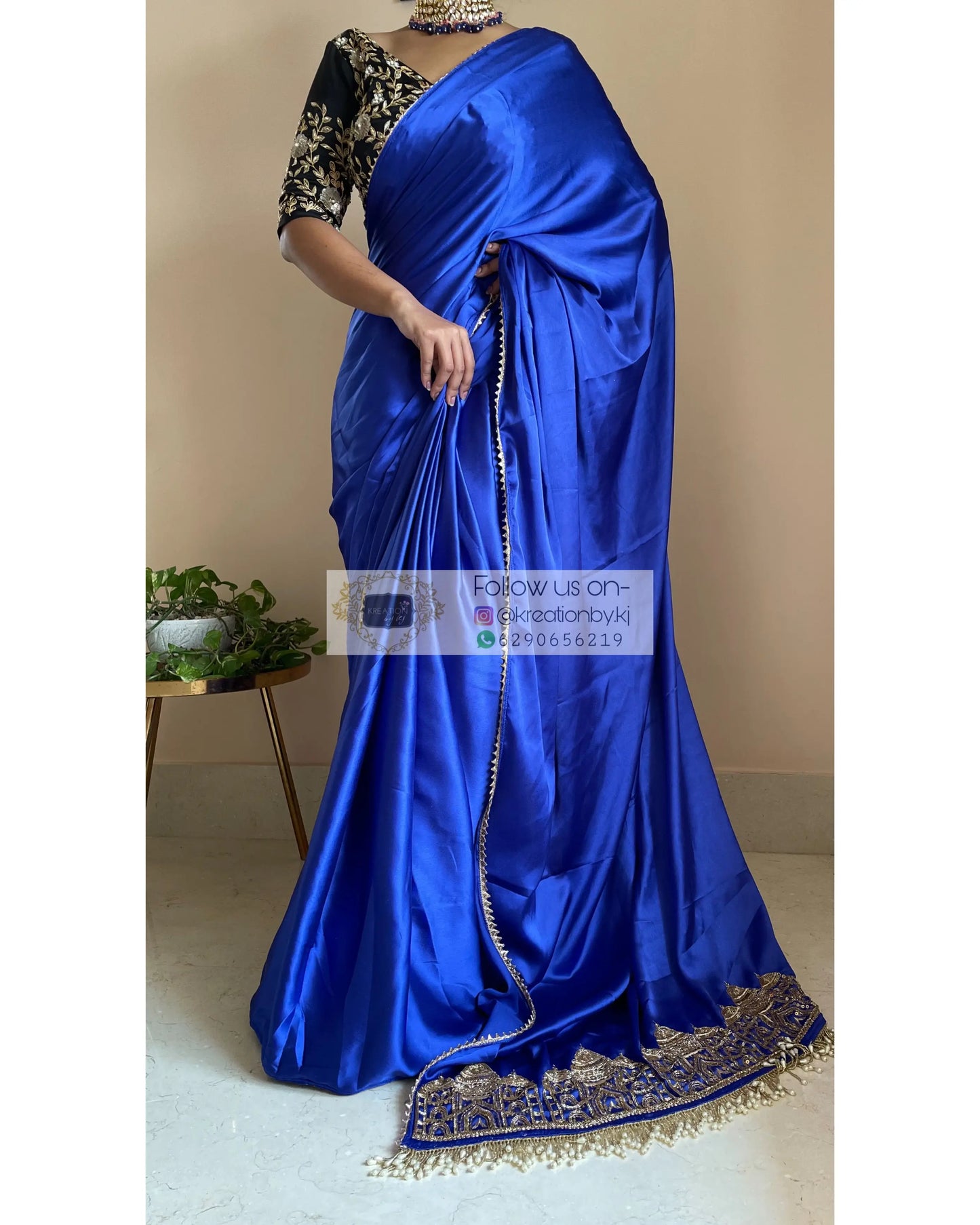 Royal Blue Satin Silk Taj Mahal Saree - kreationbykj