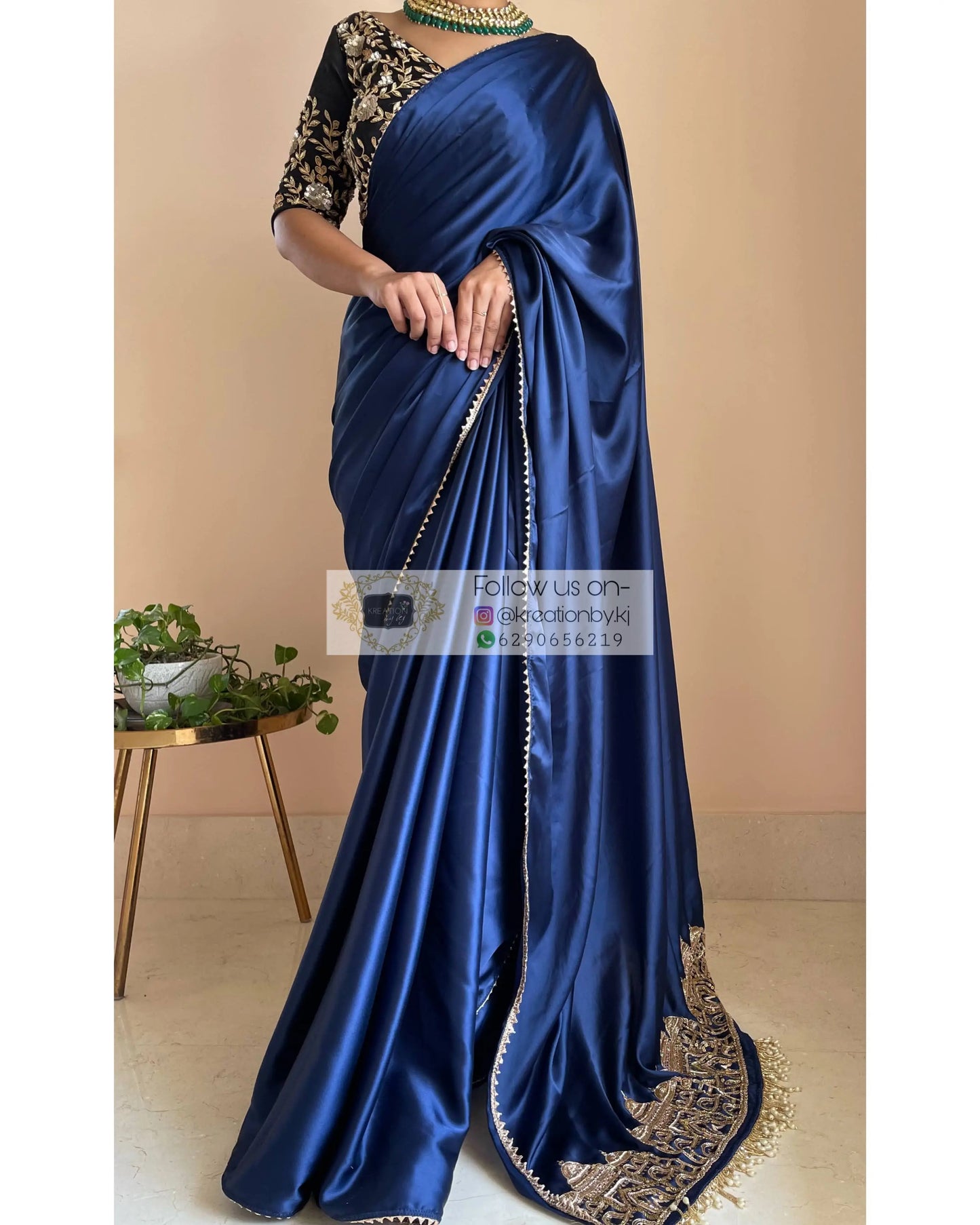 Navy Blue Satin Silk Taj Mahal Saree - kreationbykj