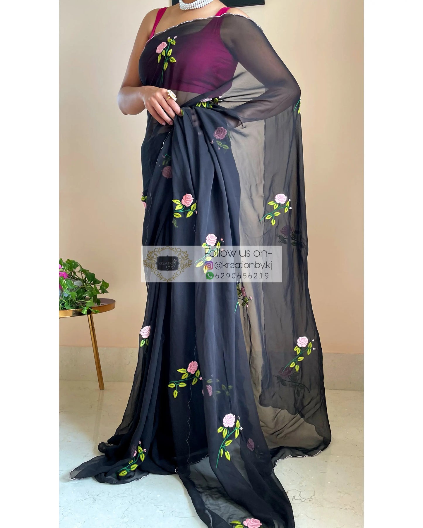 Black Georgette Guldasta Saree - kreationbykj