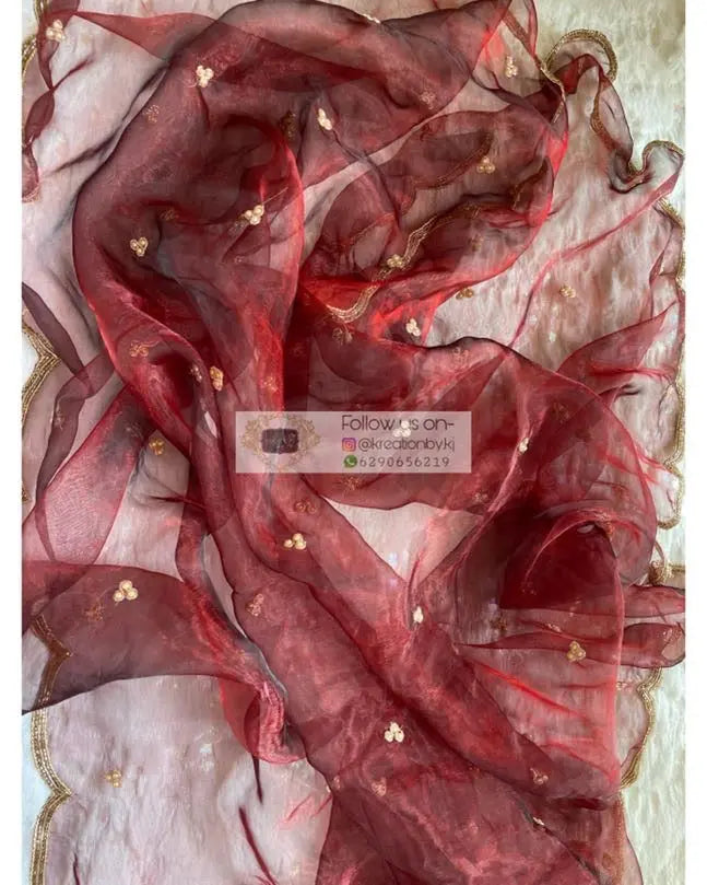 Maroon Glass Tissue Dupatta With Scallops - kreationbykj