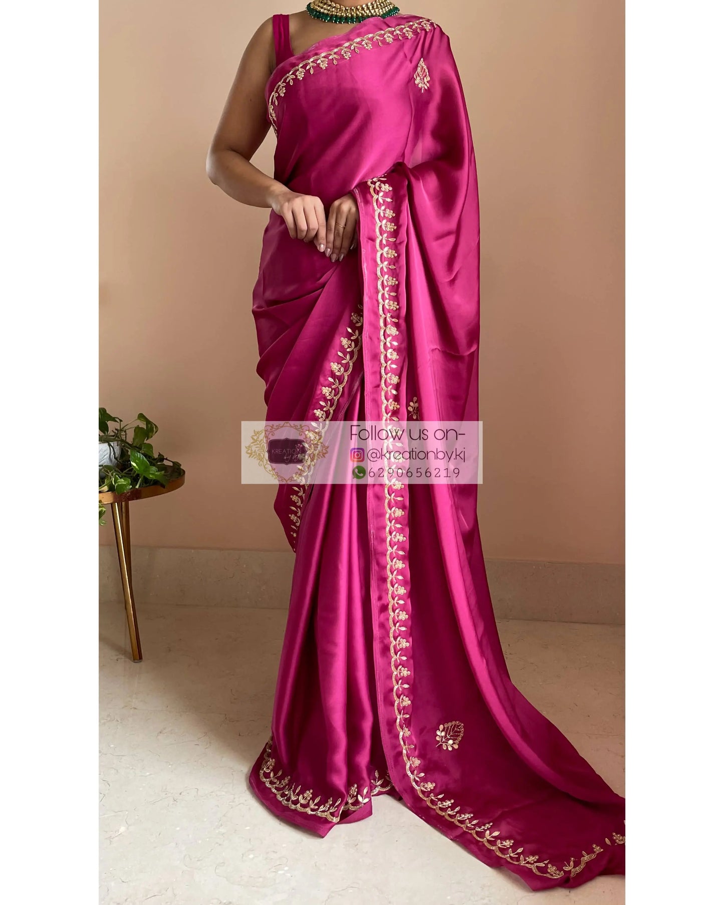 Pink Crepe Silk Saree With Gota Patti Border - kreationbykj