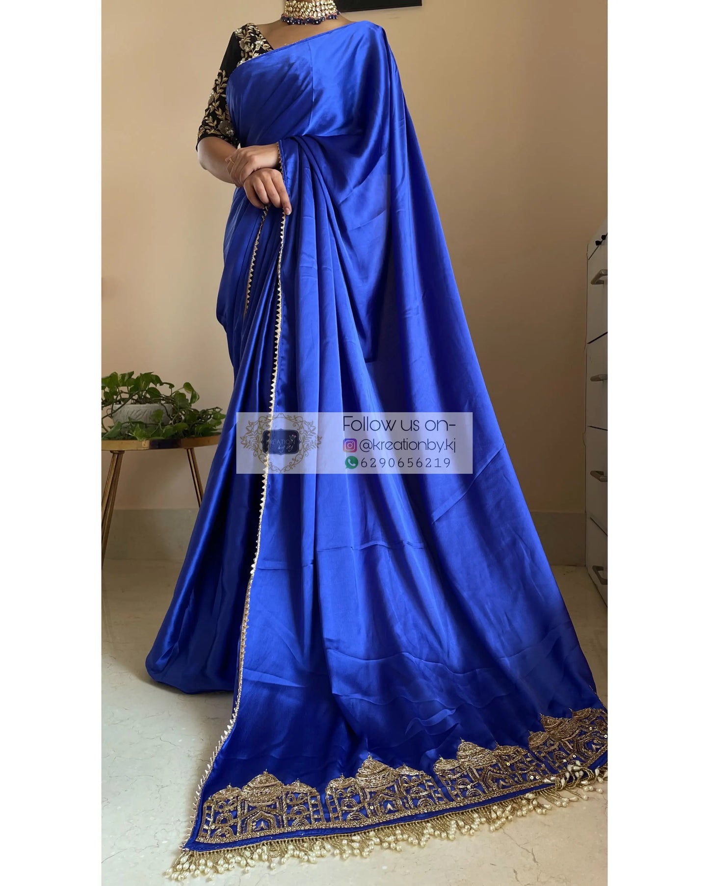 Royal Blue Satin Silk Taj Mahal Saree - kreationbykj