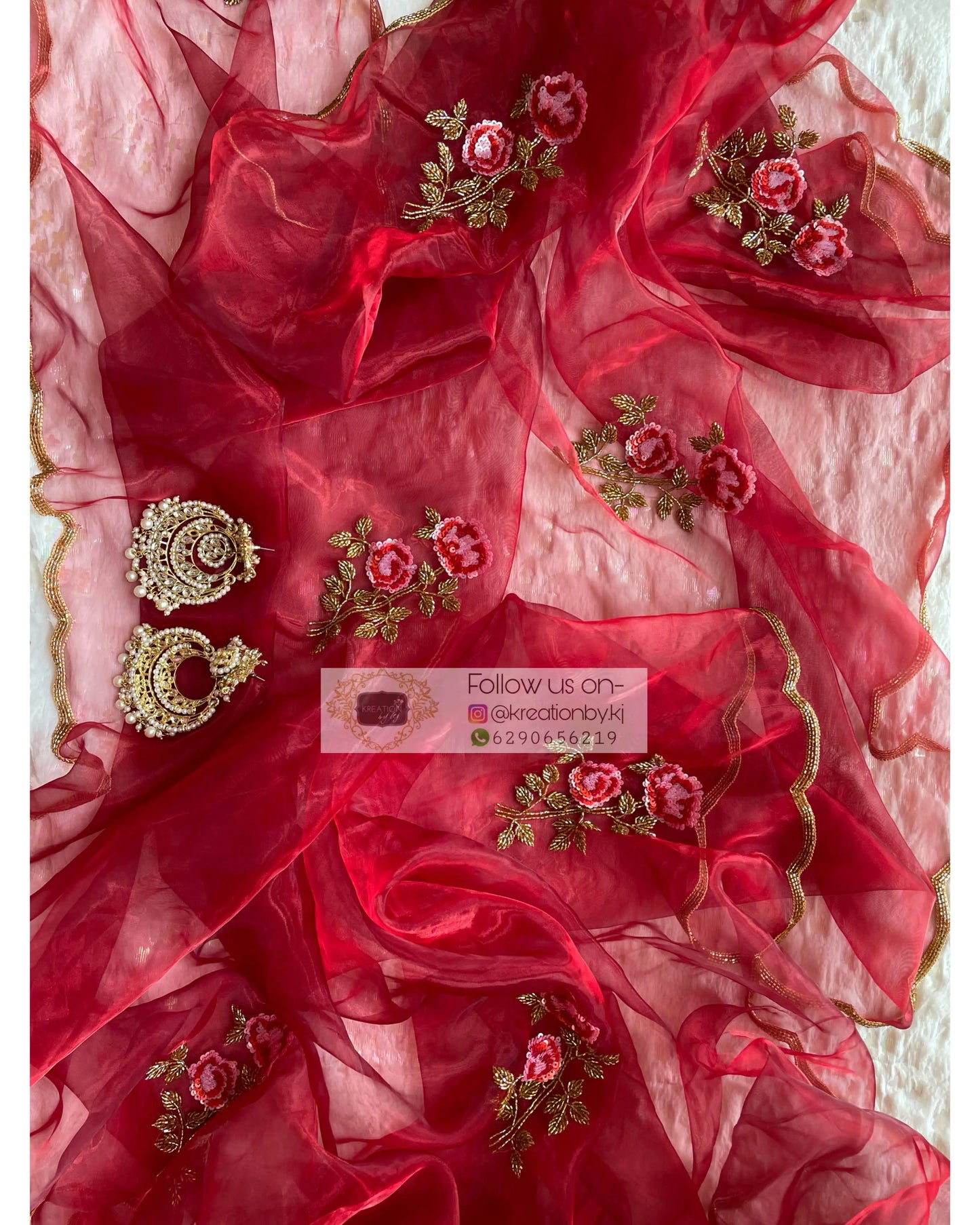 Red Glass Tissue Rose Dupatta - kreationbykj