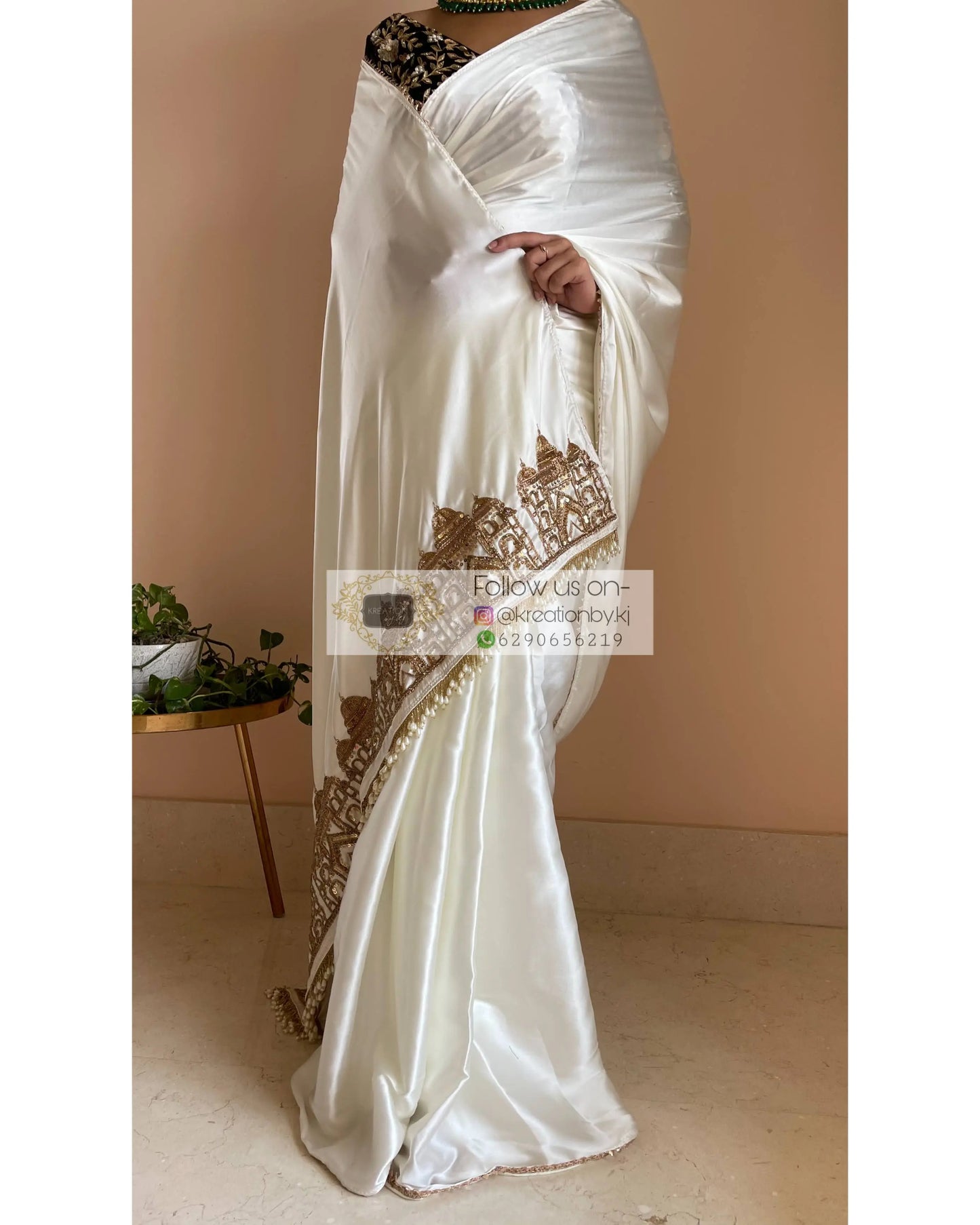 Cream Satin Silk Taj Mahal Saree - kreationbykj