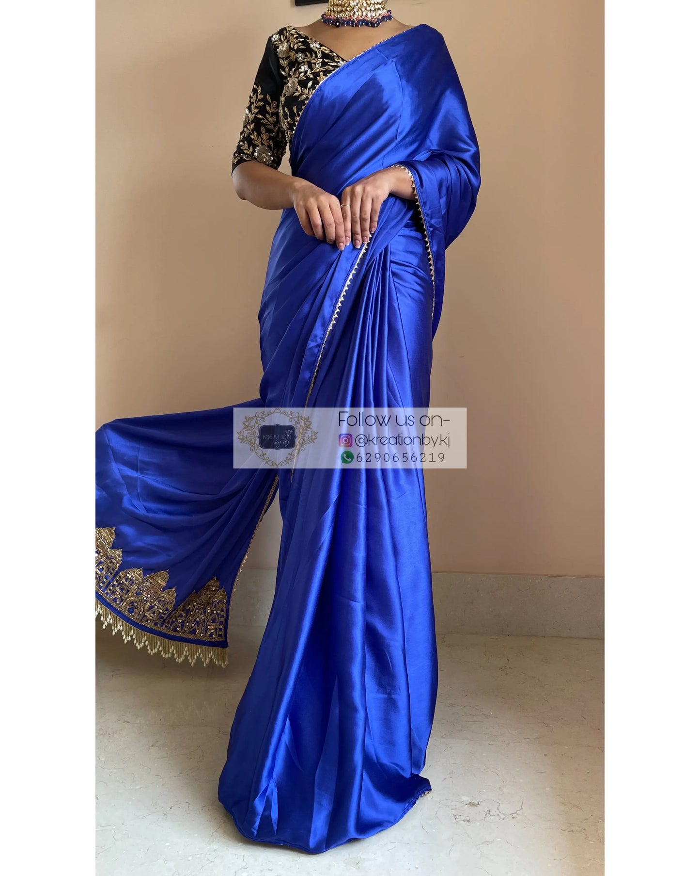 Royal Blue Satin Silk Taj Mahal Saree - kreationbykj