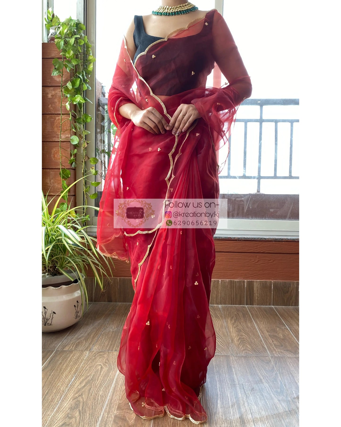 Red Glass Tissue Saree with Handembroidered Scalloping - kreationbykj