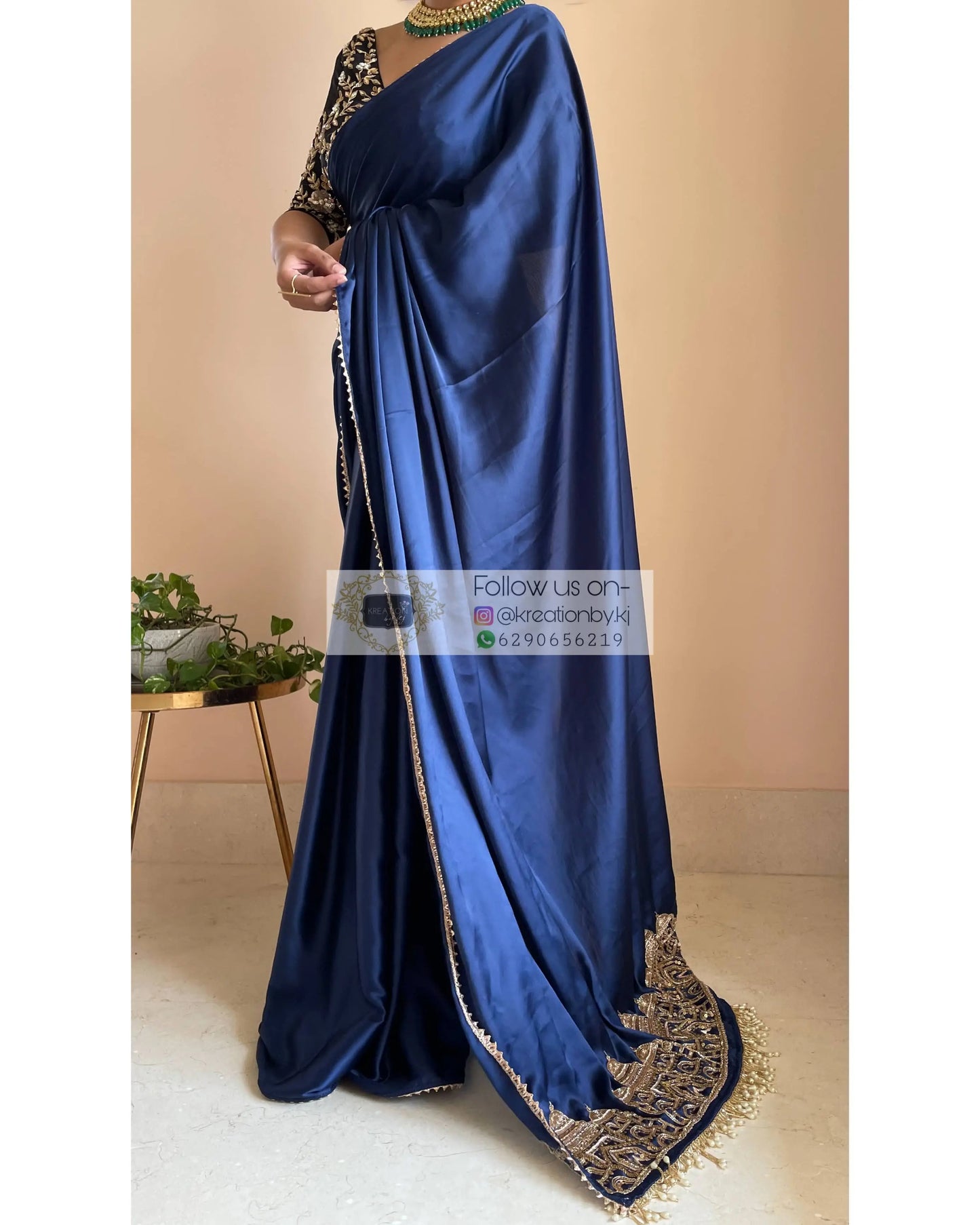 Navy Blue Satin Silk Taj Mahal Saree - kreationbykj