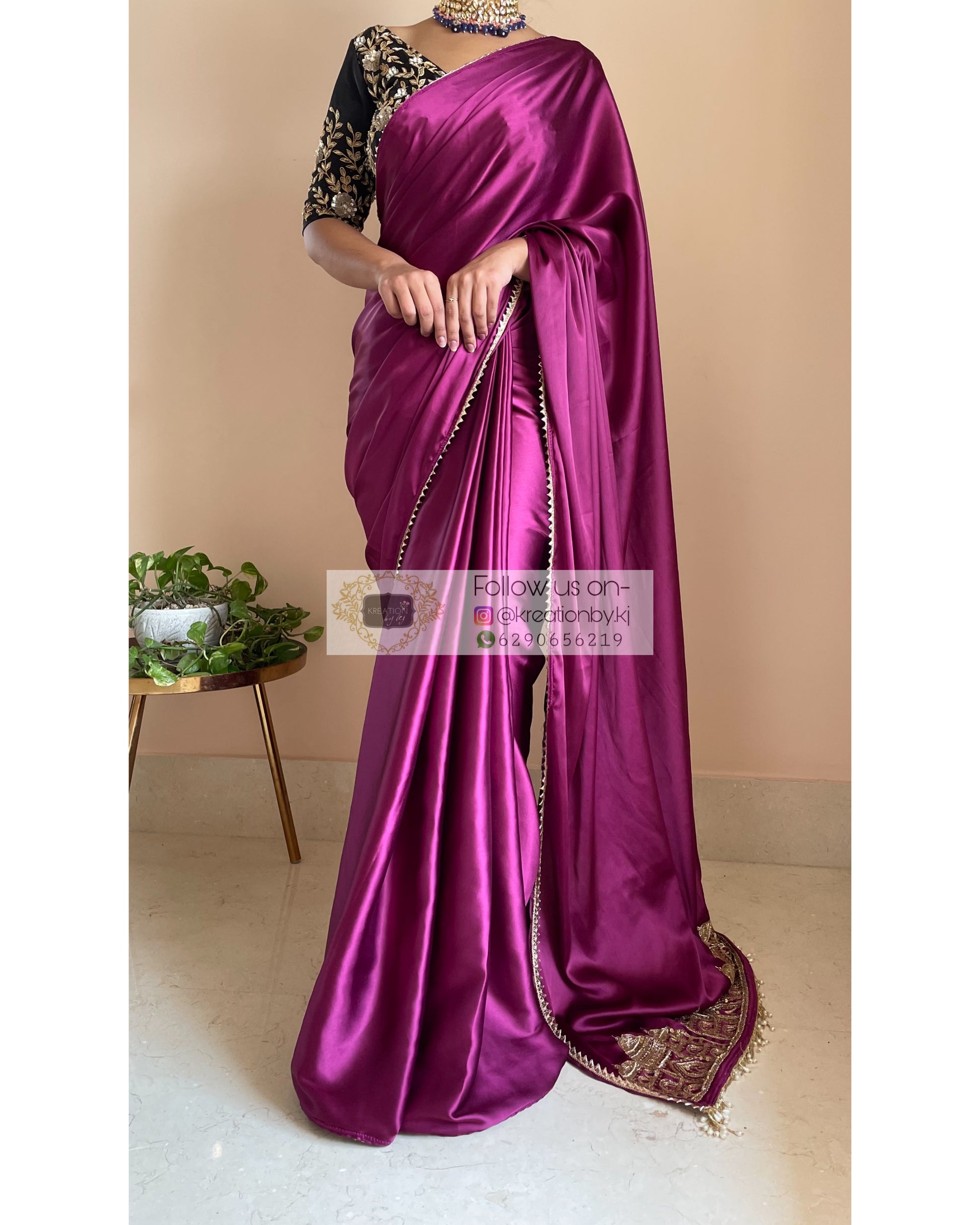 Dark Purple Satin Silk Taj Mahal Saree - kreationbykj