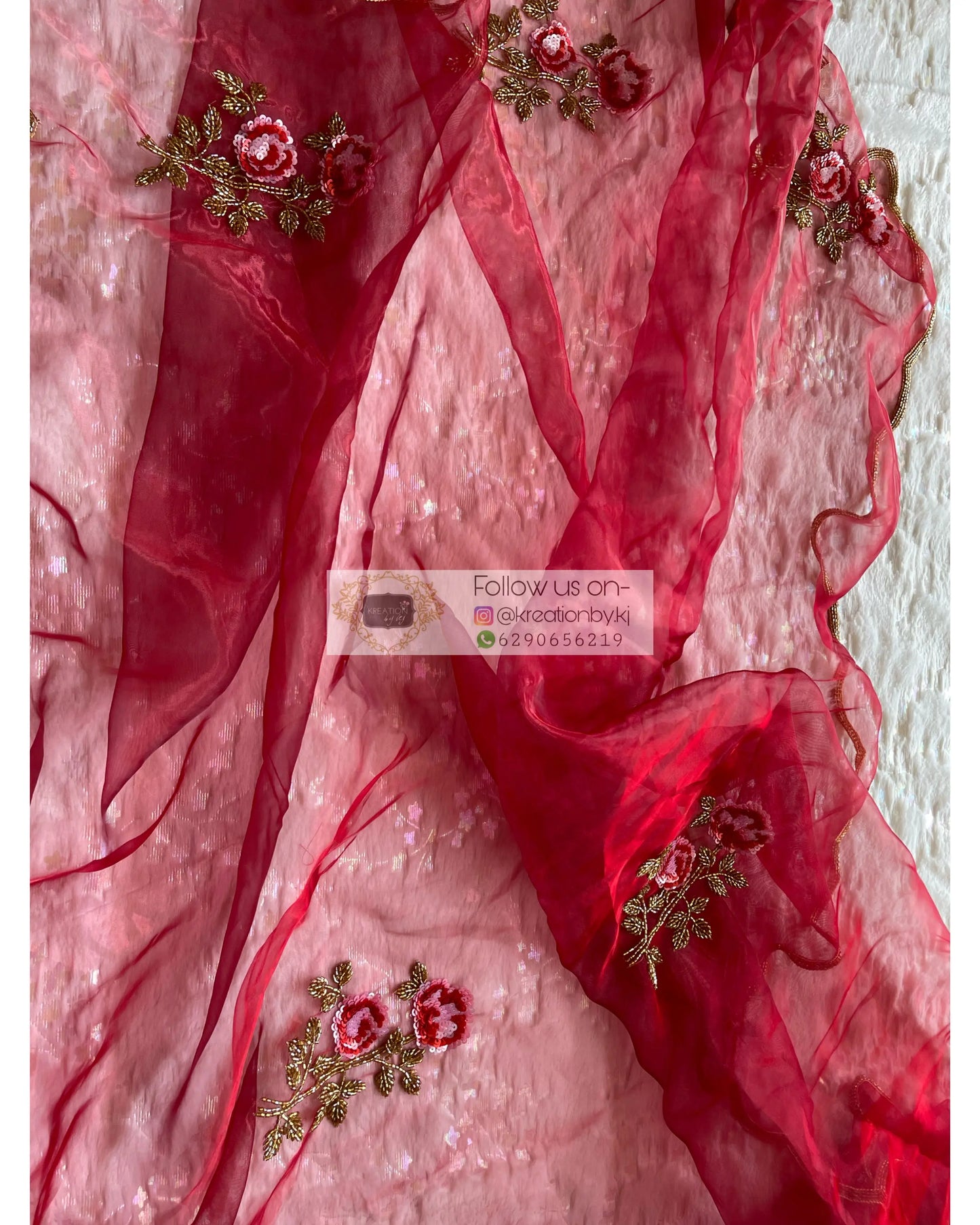 Red Glass Tissue Rose Dupatta - kreationbykj