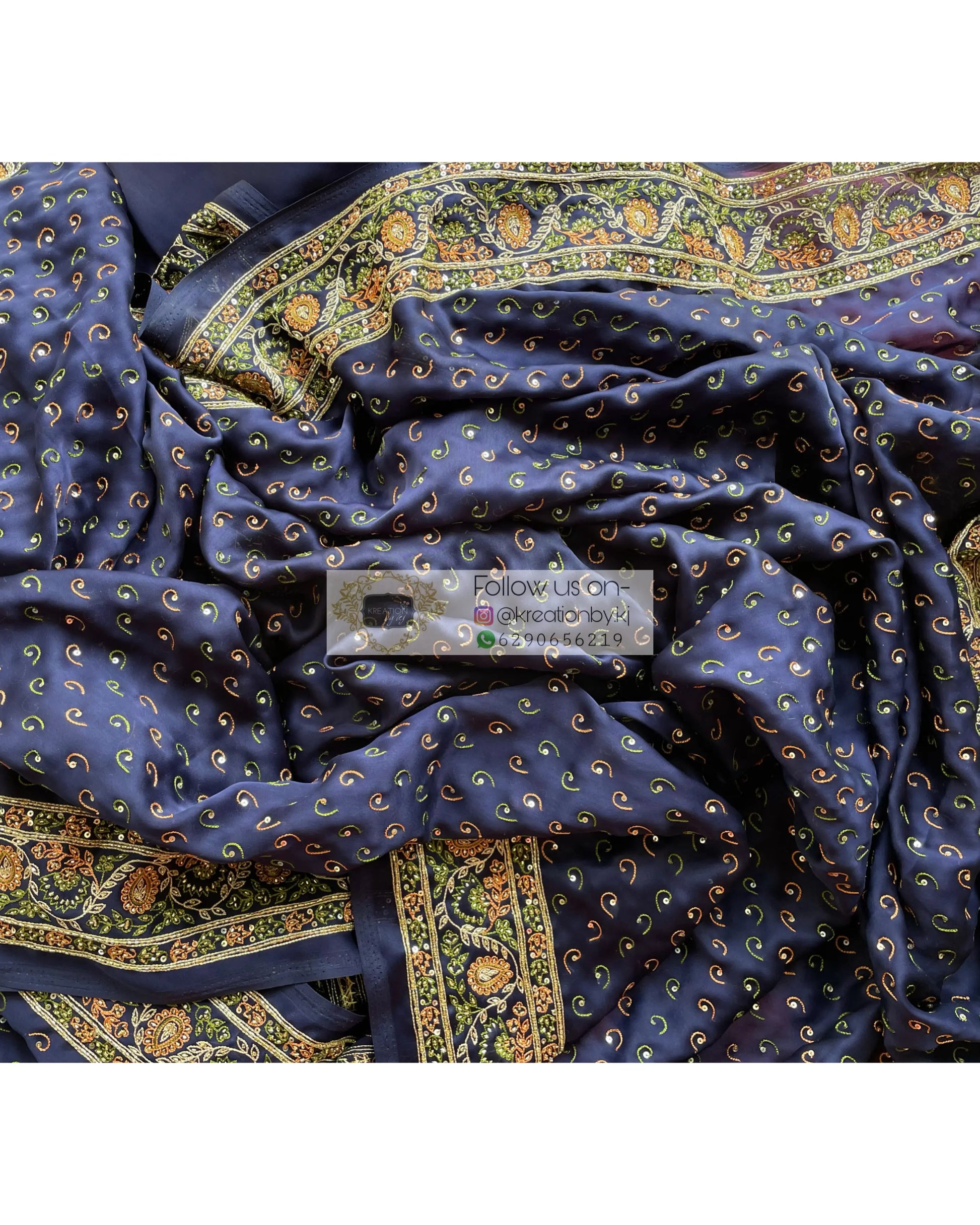 Navy Blue Bridal Handembroidered Saree - kreationbykj