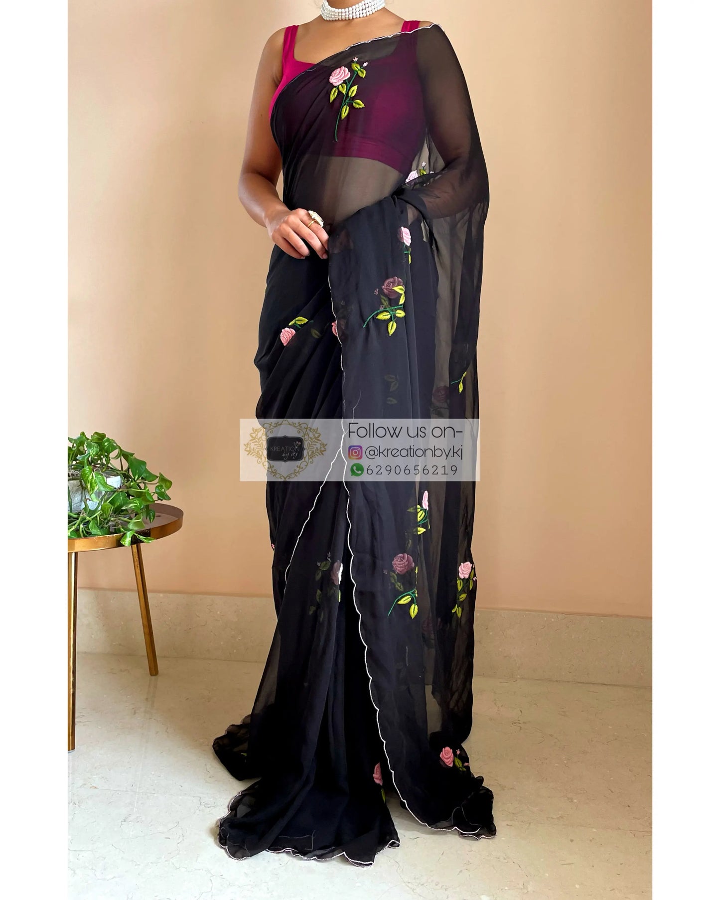 Black Georgette Guldasta Saree - kreationbykj