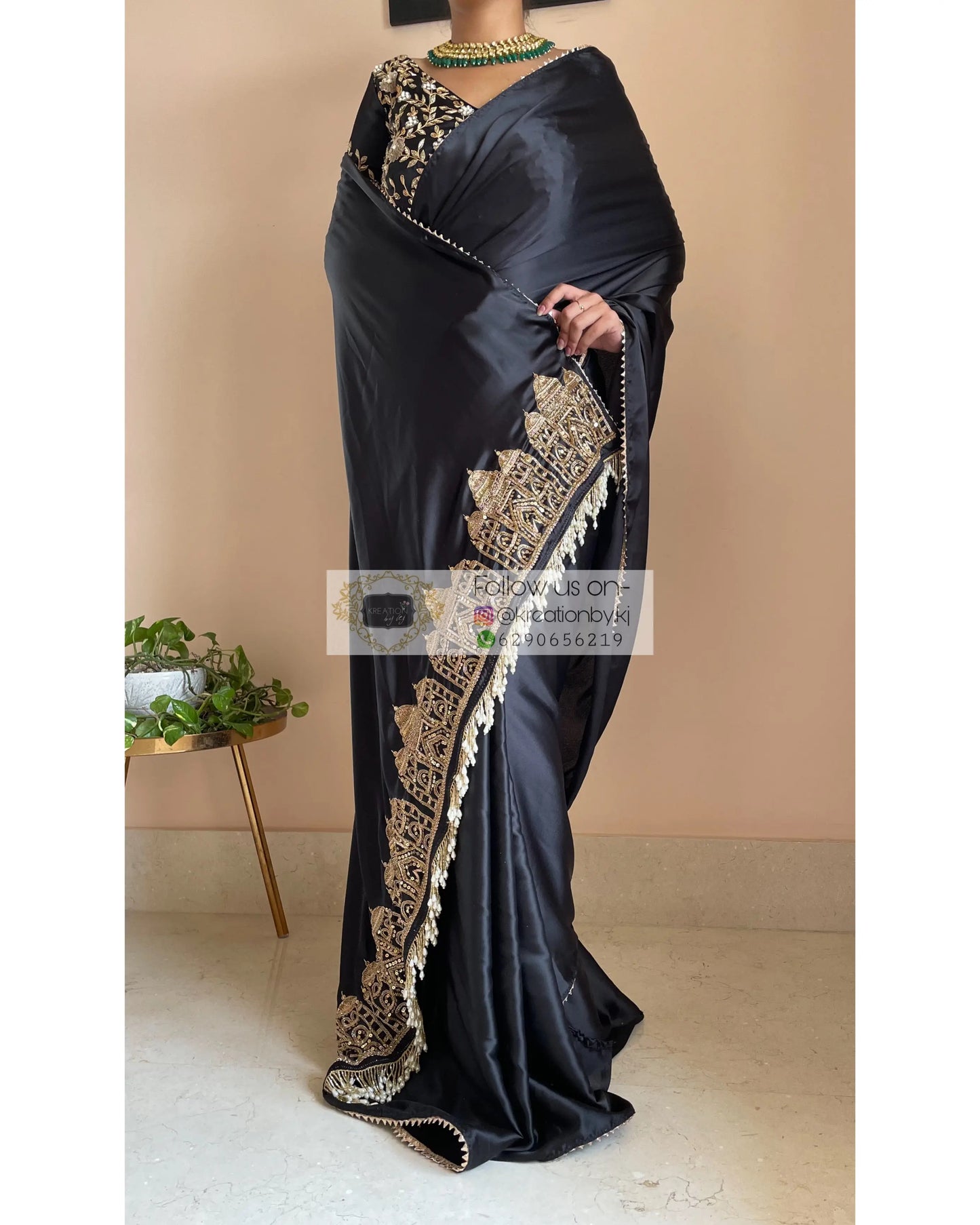 Black Satin Silk Taj Mahal Saree - kreationbykj