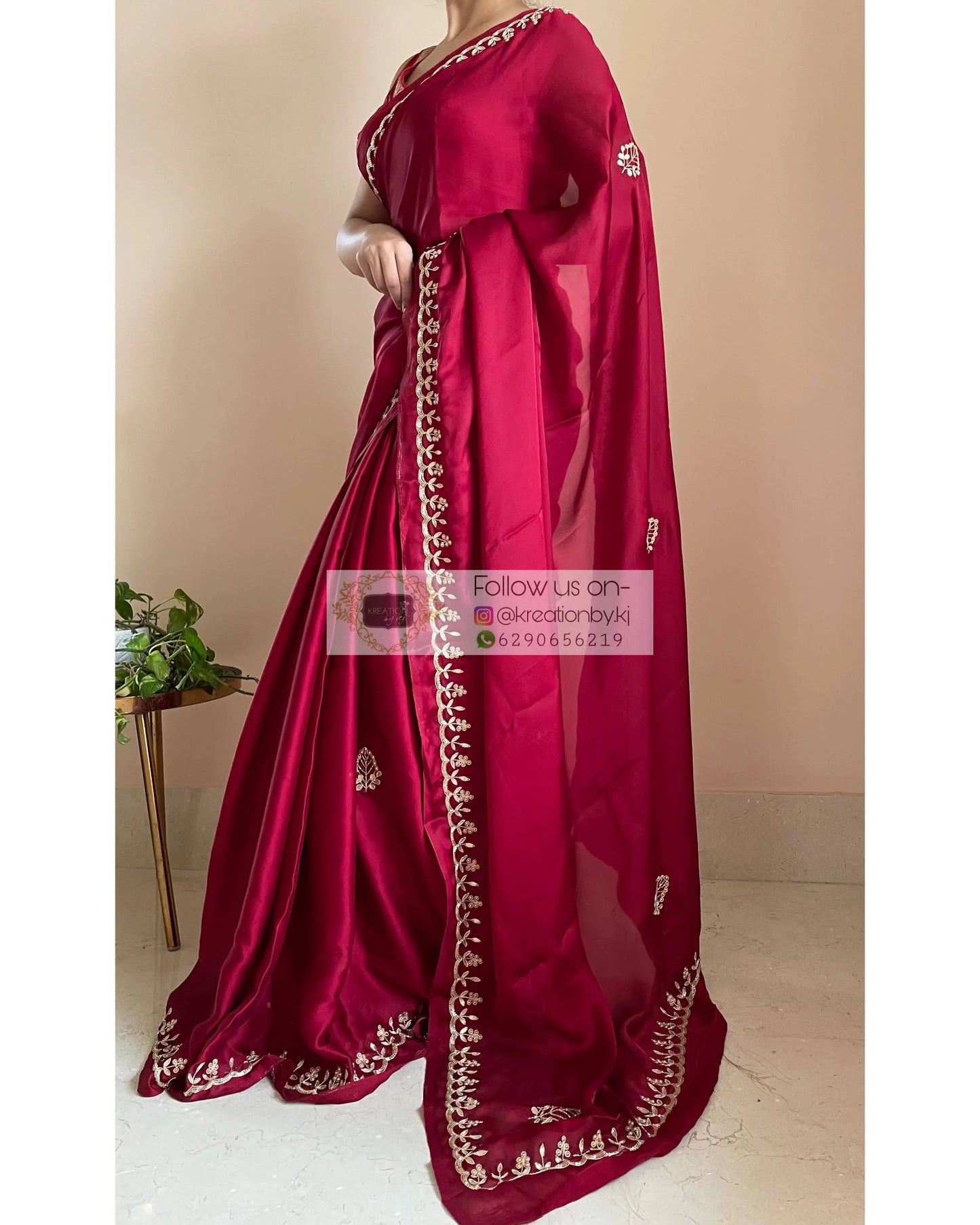 Maroon Crepe Silk Saree With Gota Patti Border - kreationbykj