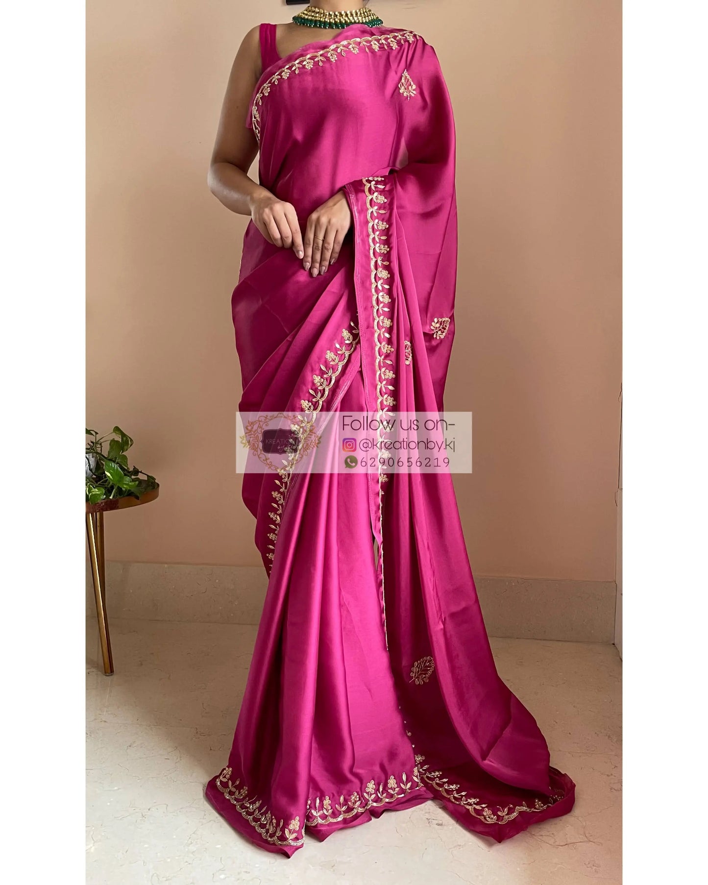 Pink Crepe Silk Saree With Gota Patti Border - kreationbykj