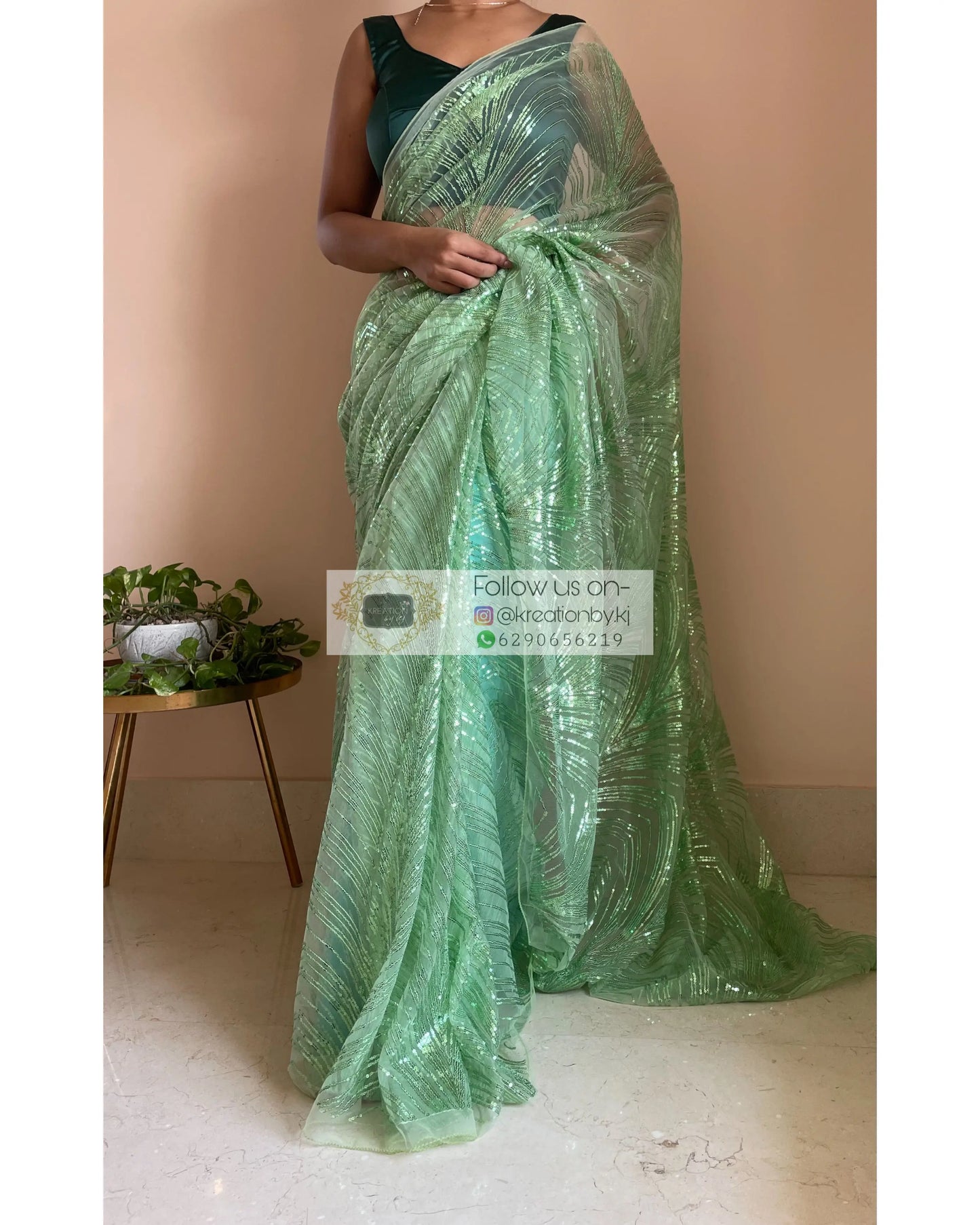 Light Green Sequins Embroidered Net Saree - kreationbykj