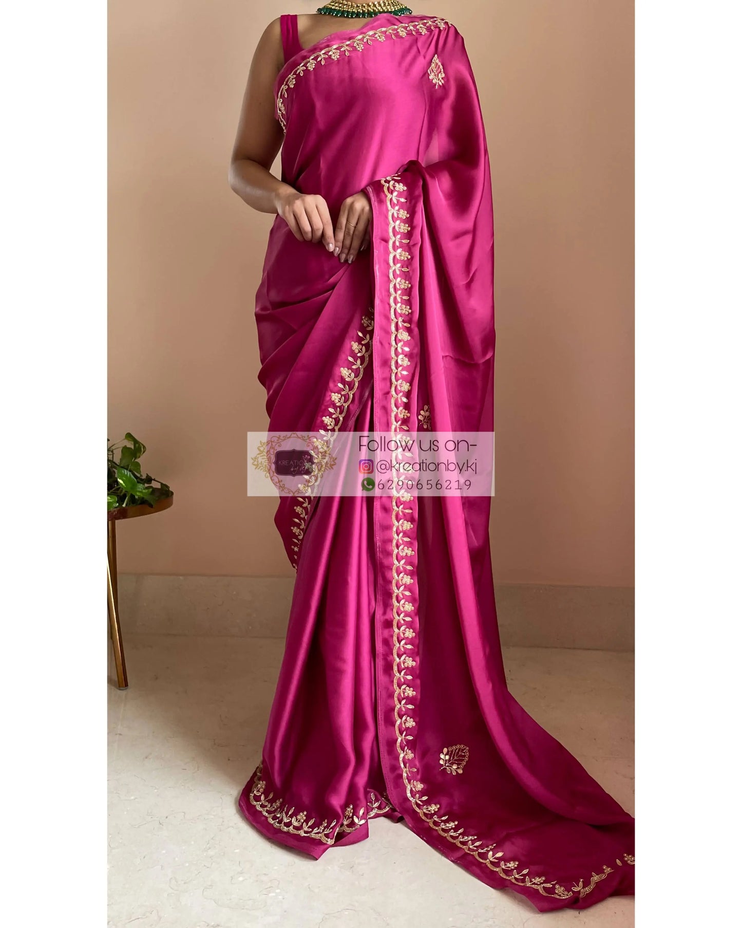 Pink Crepe Silk Saree With Gota Patti Border - kreationbykj