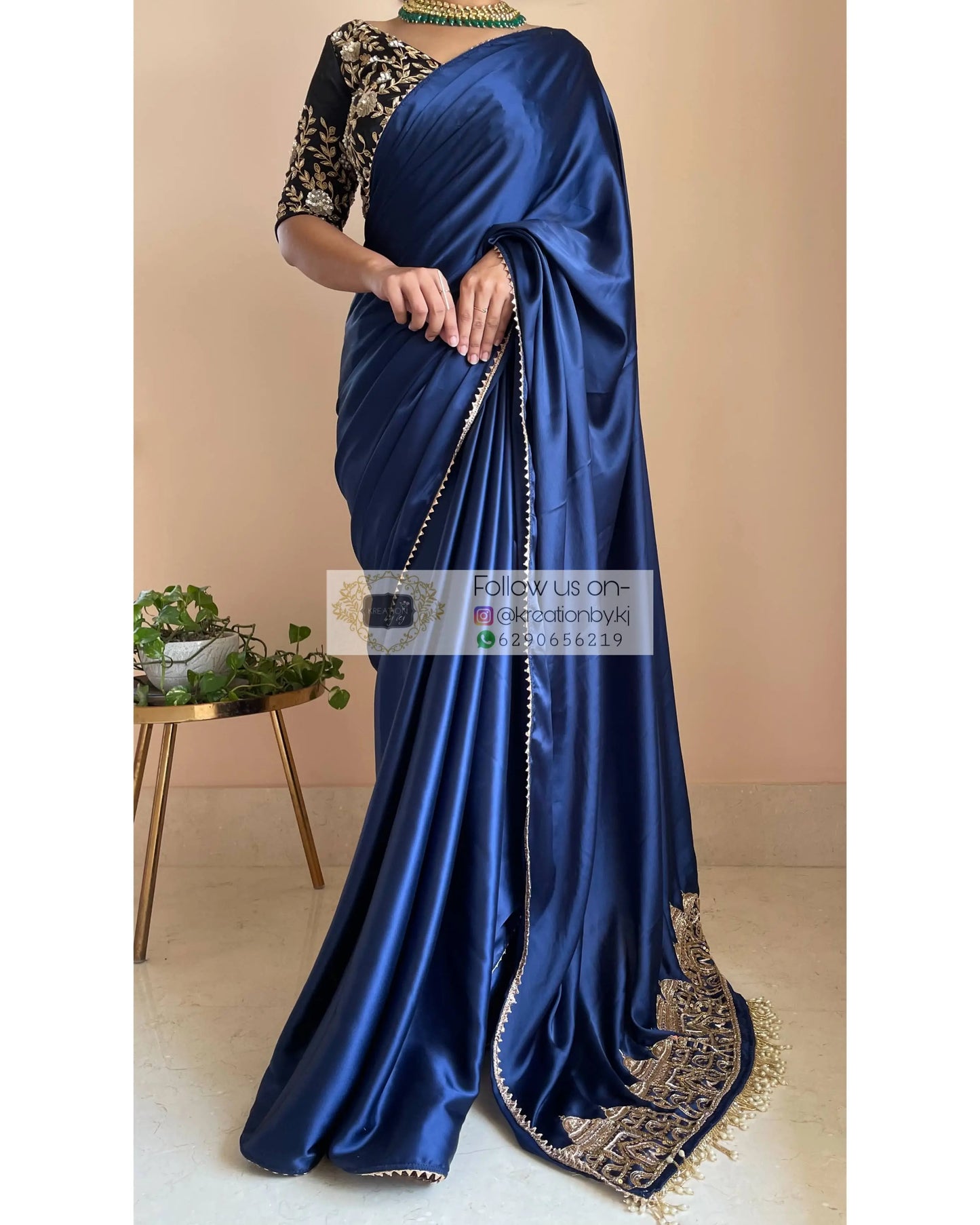 Navy Blue Satin Silk Taj Mahal Saree - kreationbykj