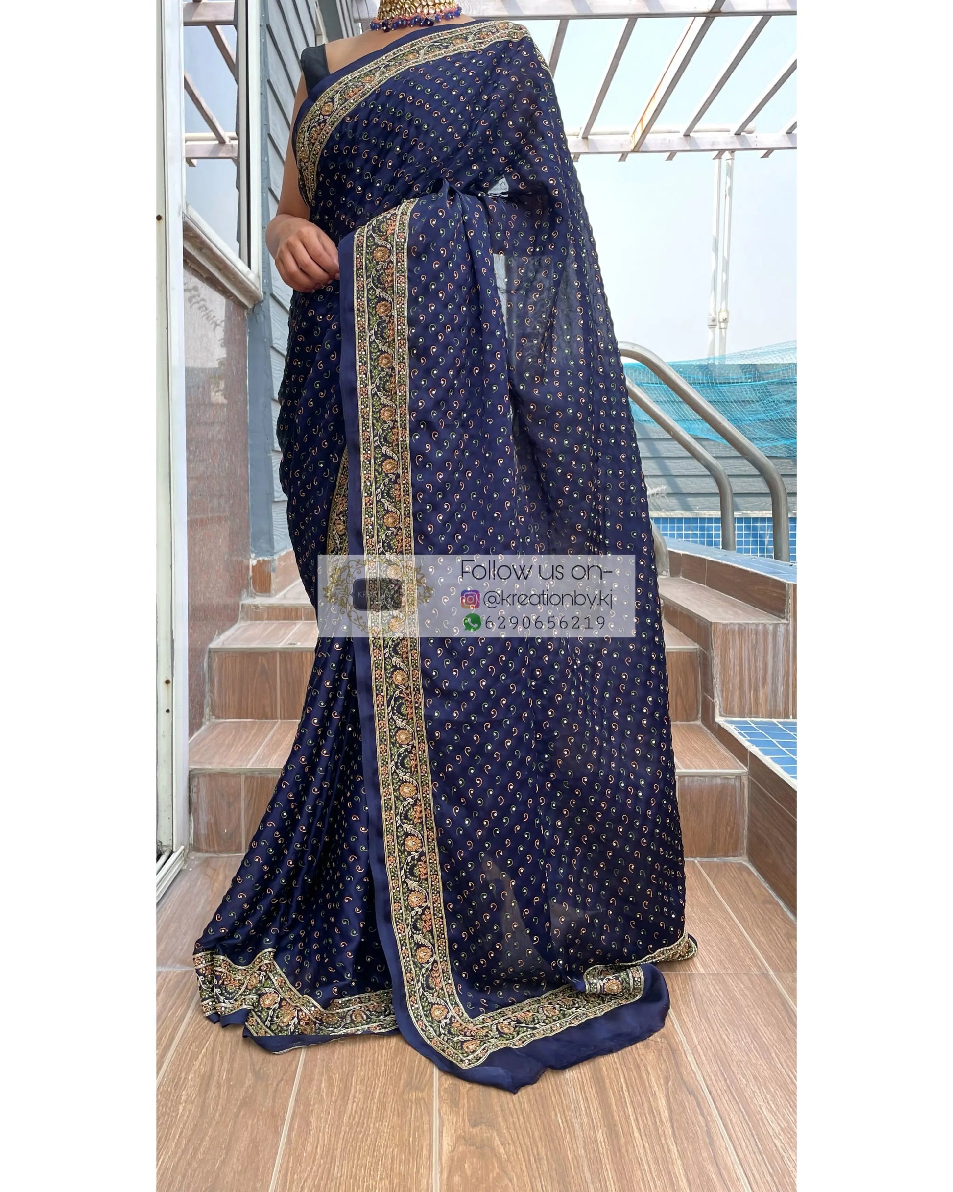 Navy Blue Bridal Handembroidered Saree - kreationbykj