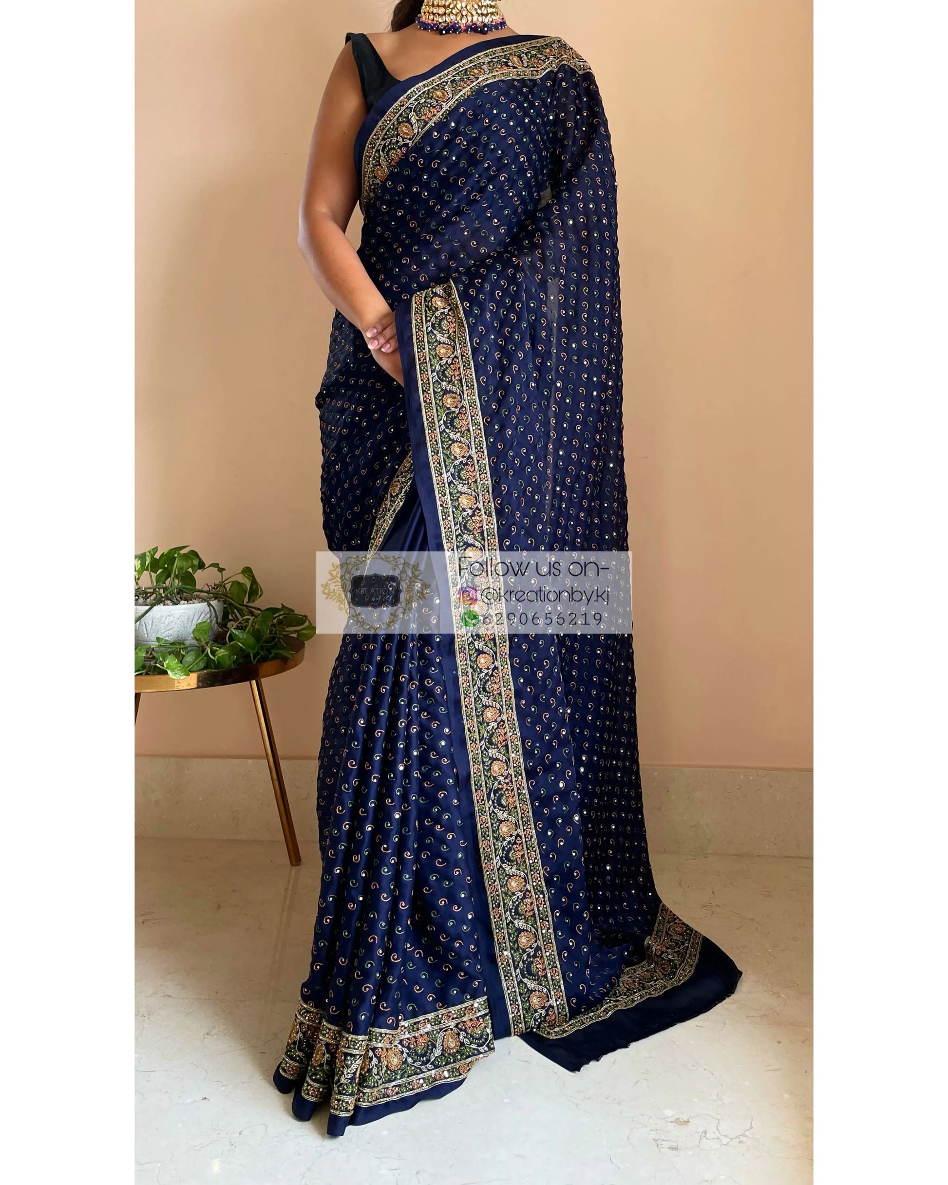 Navy Blue Bridal Handembroidered Saree - kreationbykj