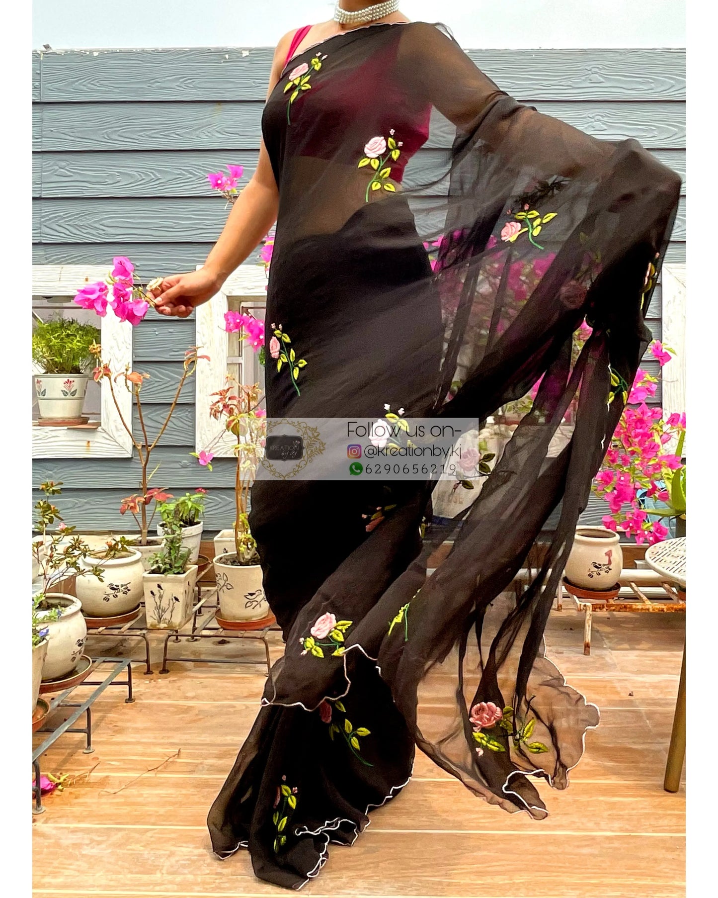Black Georgette Guldasta Saree - kreationbykj